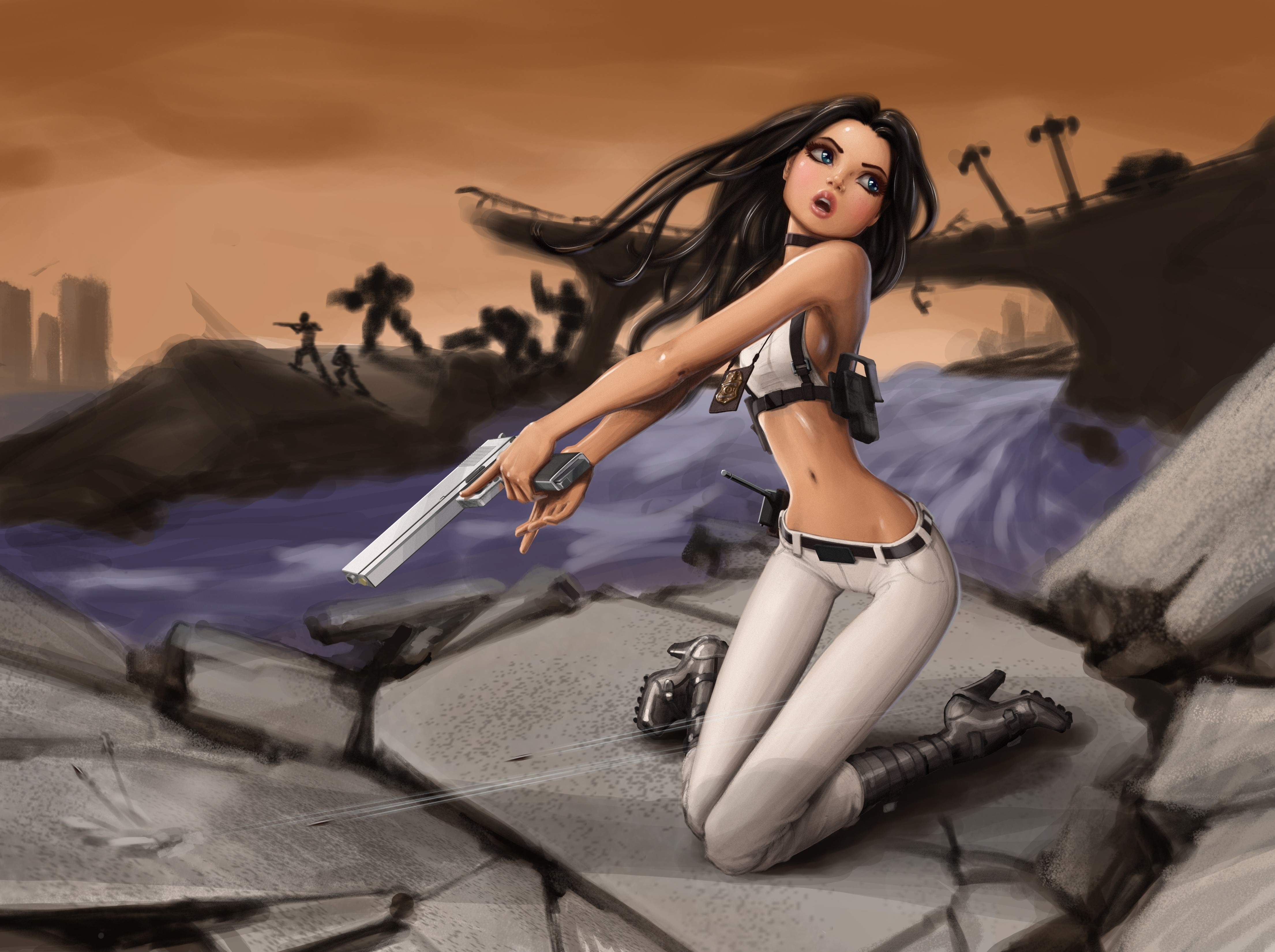 Woman with pistol in a war-torn landscape HD Wallpaper