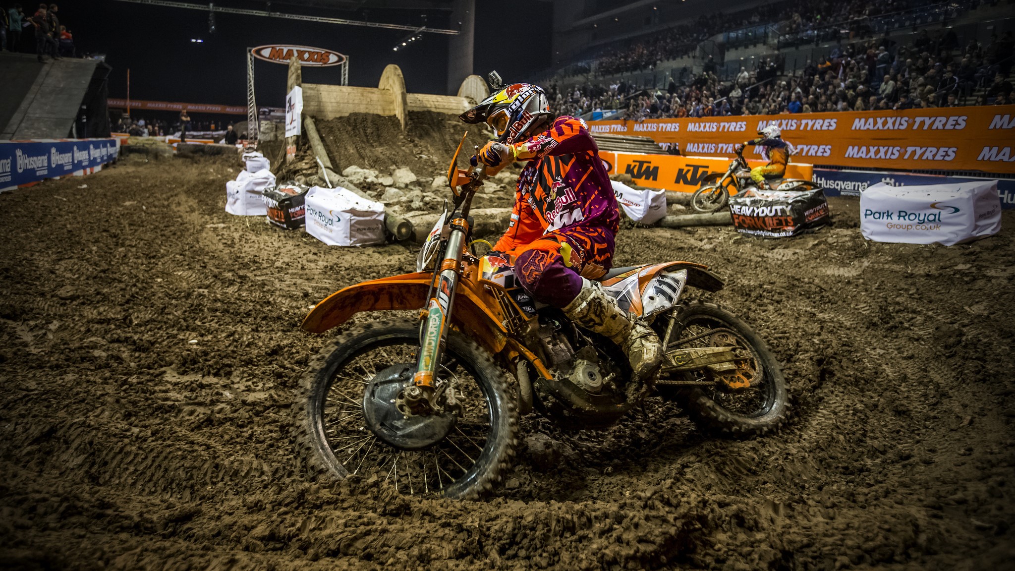 Motocross rider on a muddy track HD Wallpaper