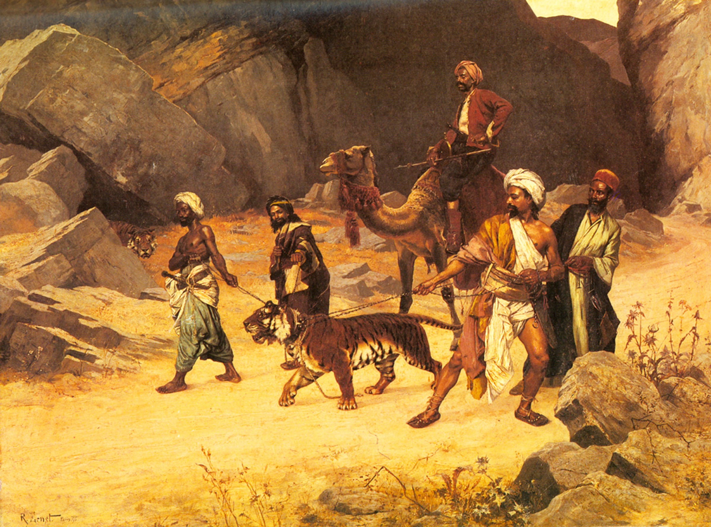 Men leading tigers and camel in desert landscape by Rudolf Ernst HD Wallpaper