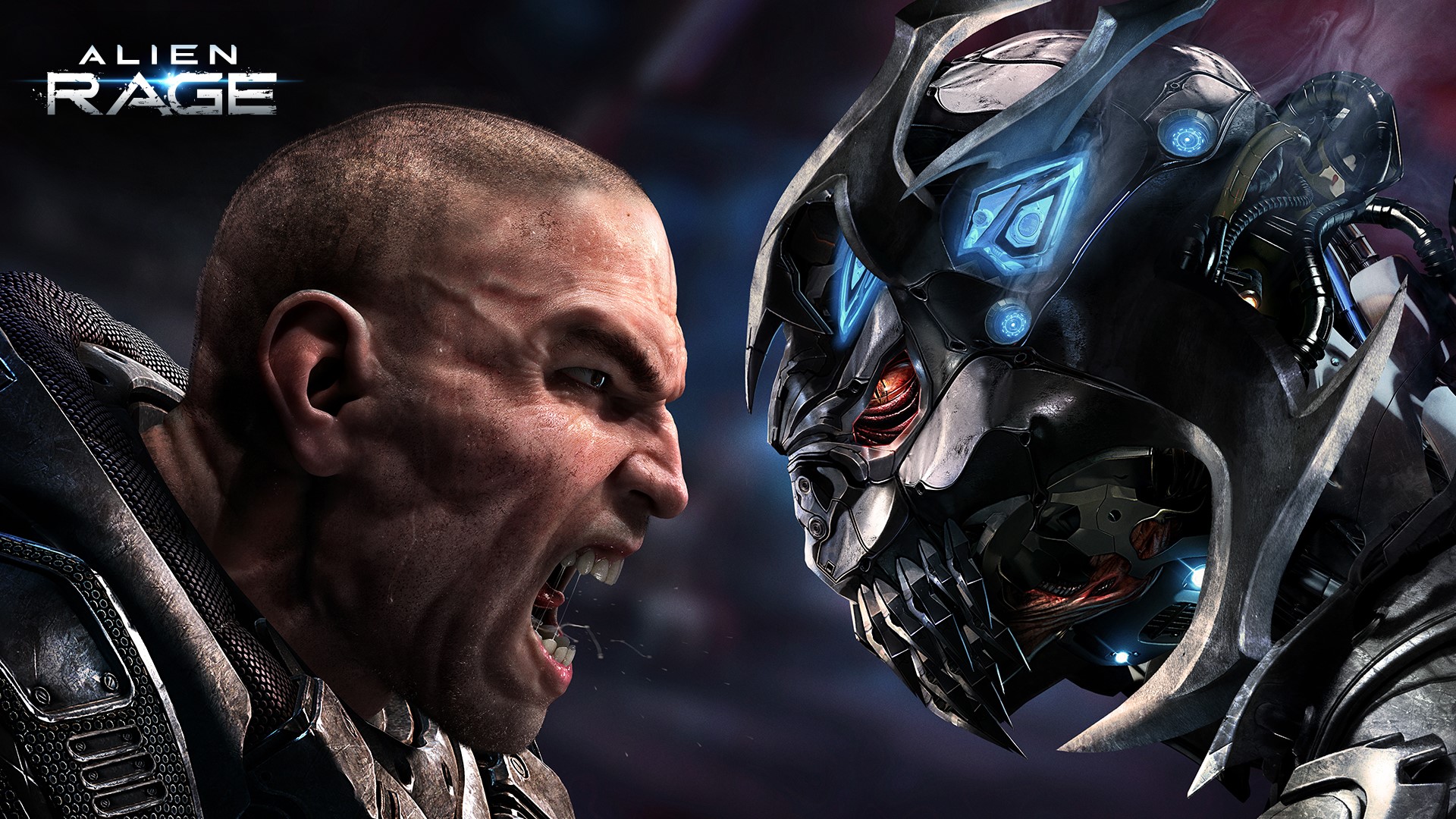 Alien Rage game poster with human and alien faces HD Wallpaper