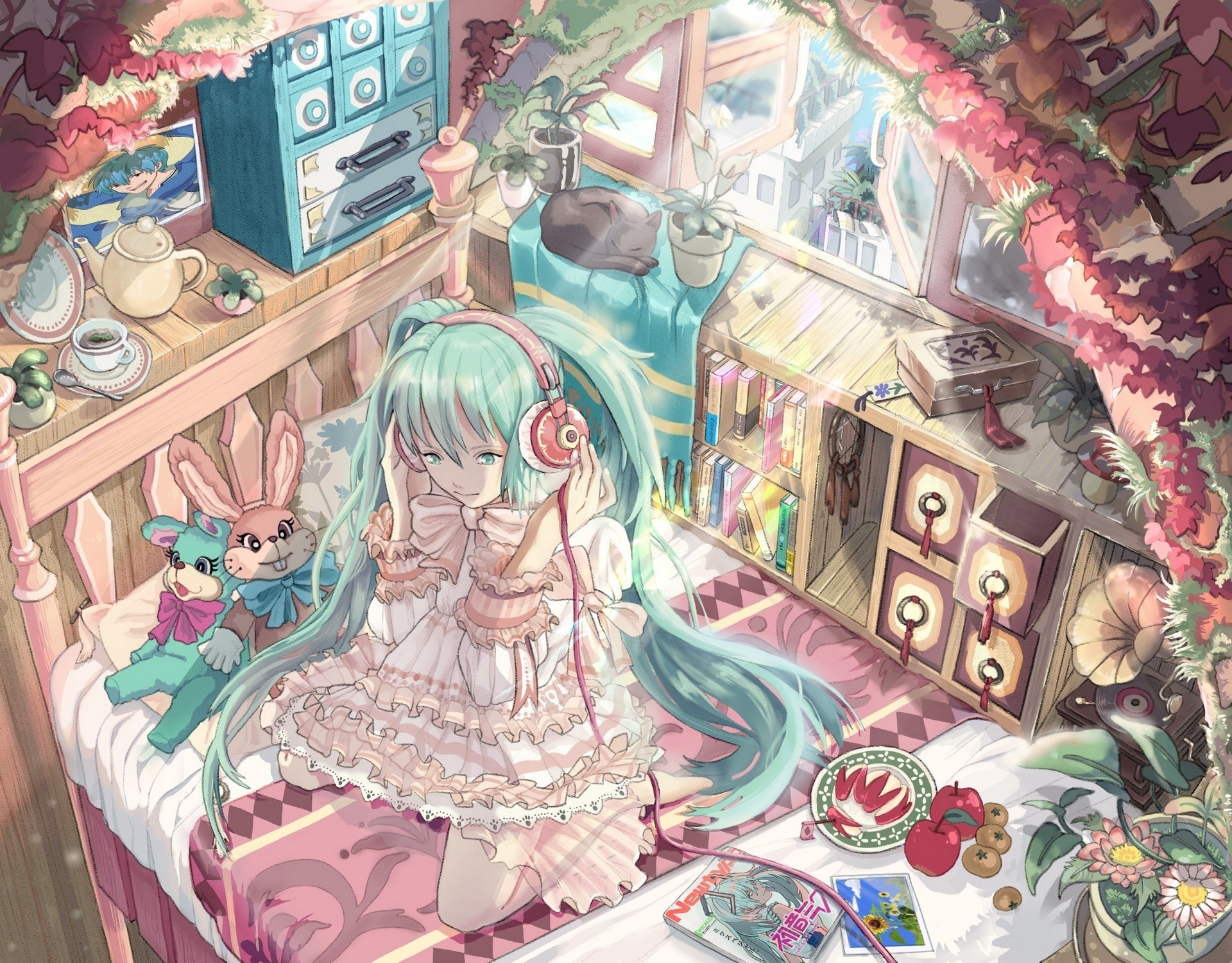 Hatsune Miku in a cozy room with headphones HD Wallpaper