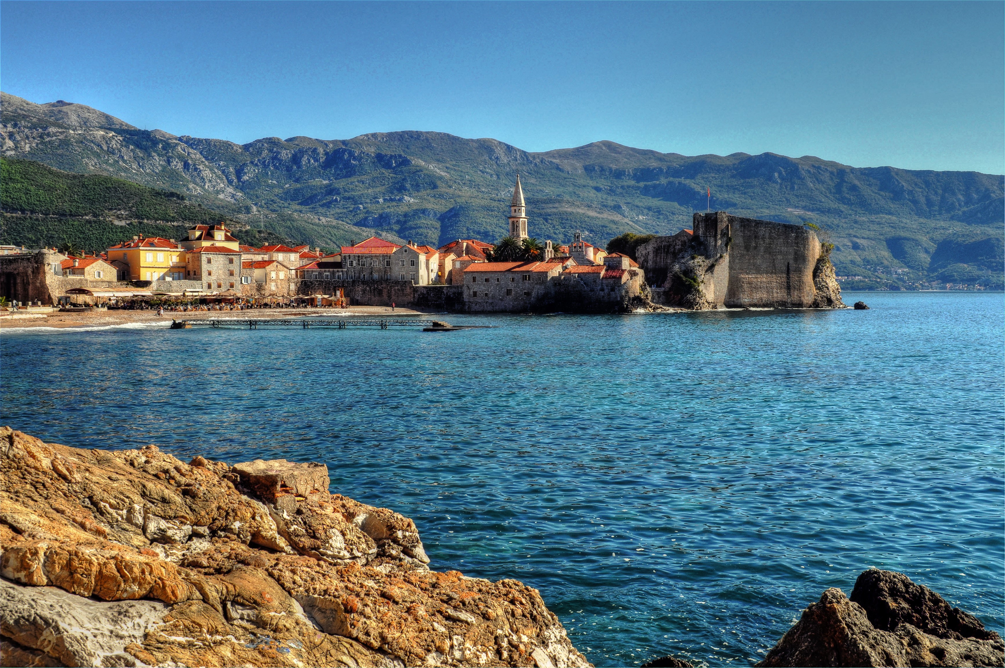 Budva, Montenegro coast with old town and mountains HD Wallpaper