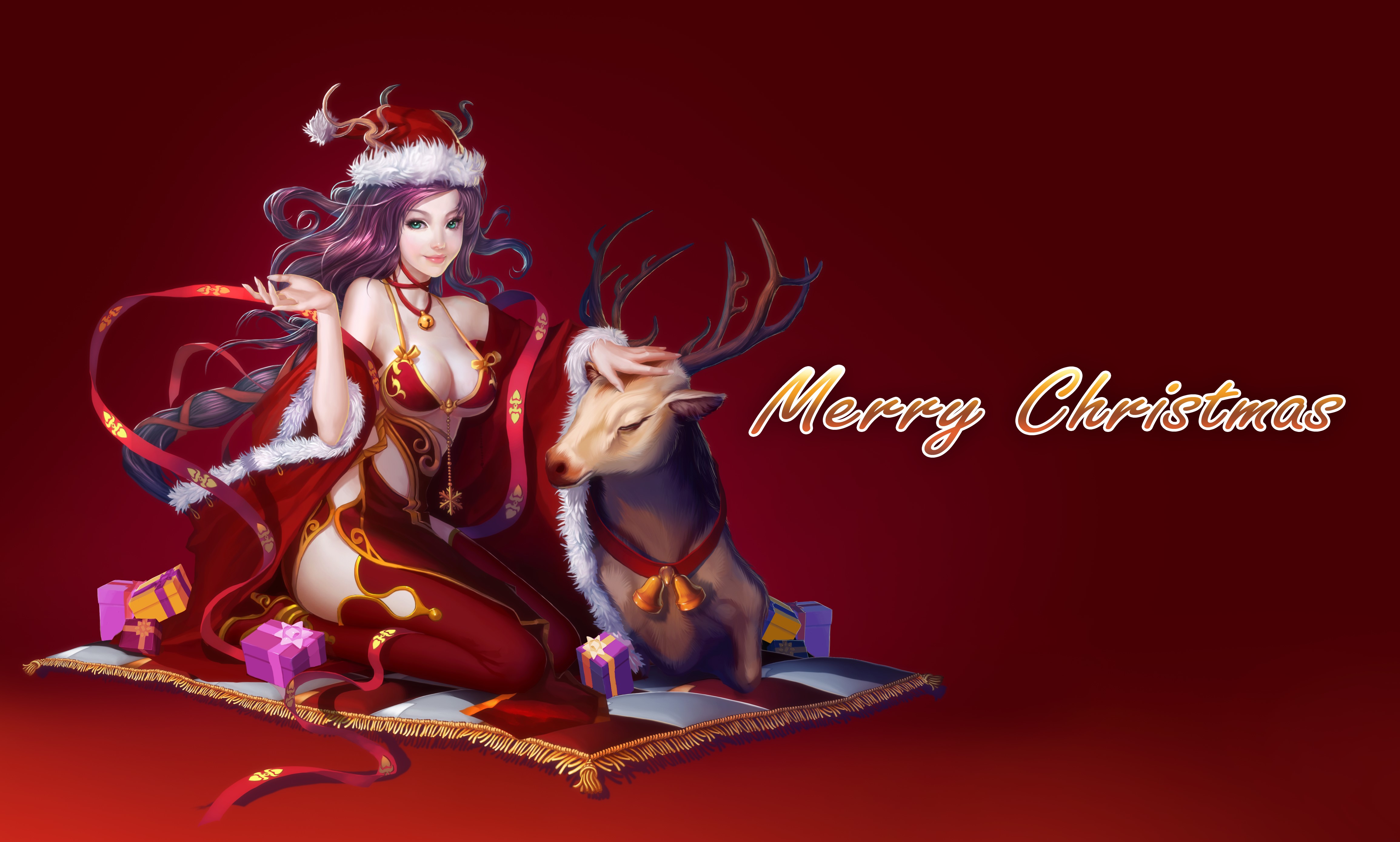Christmas Woman with Deer and Gifts HD Wallpaper