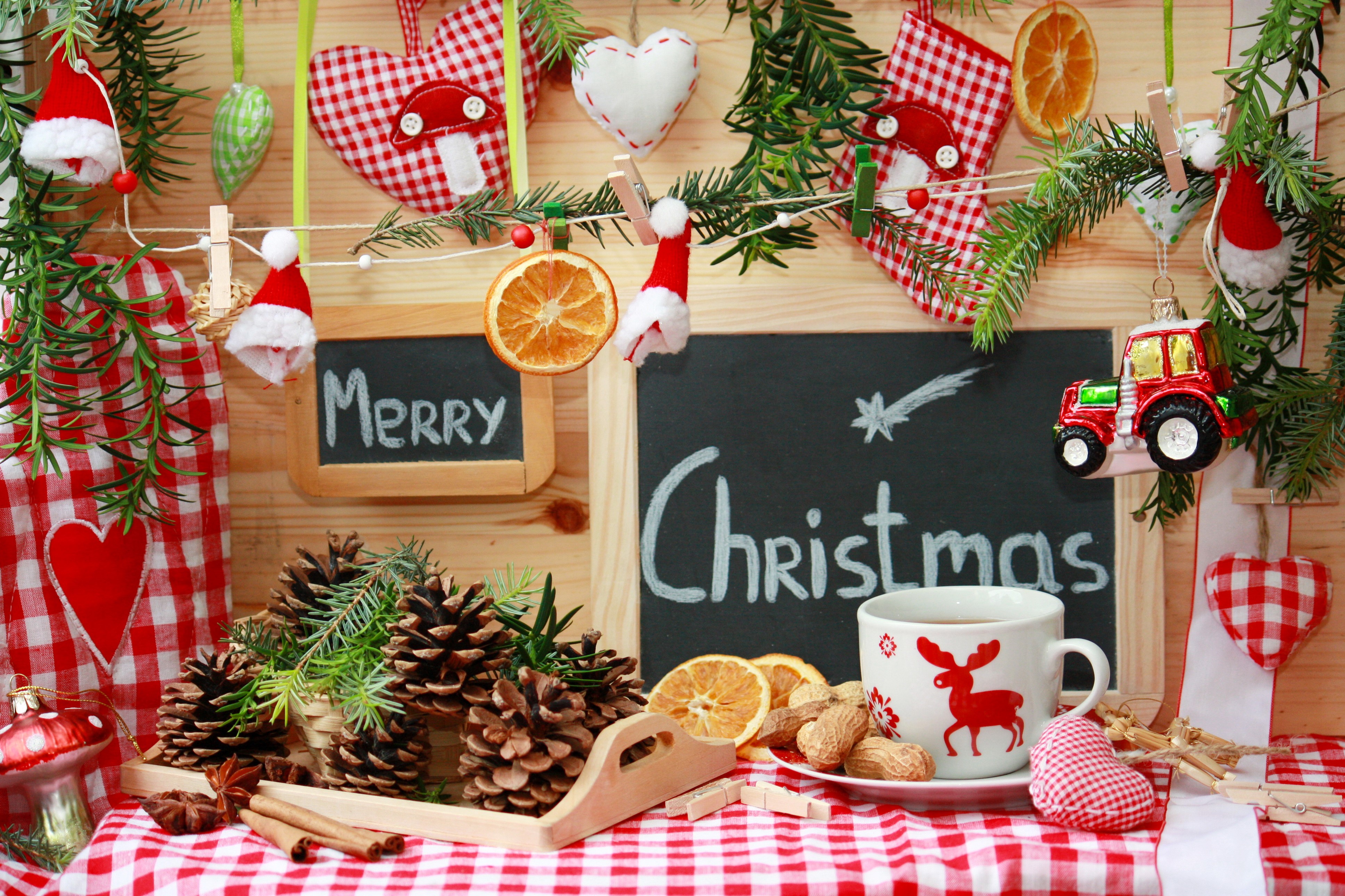 Christmas decoration with pine cones and cup HD Wallpaper