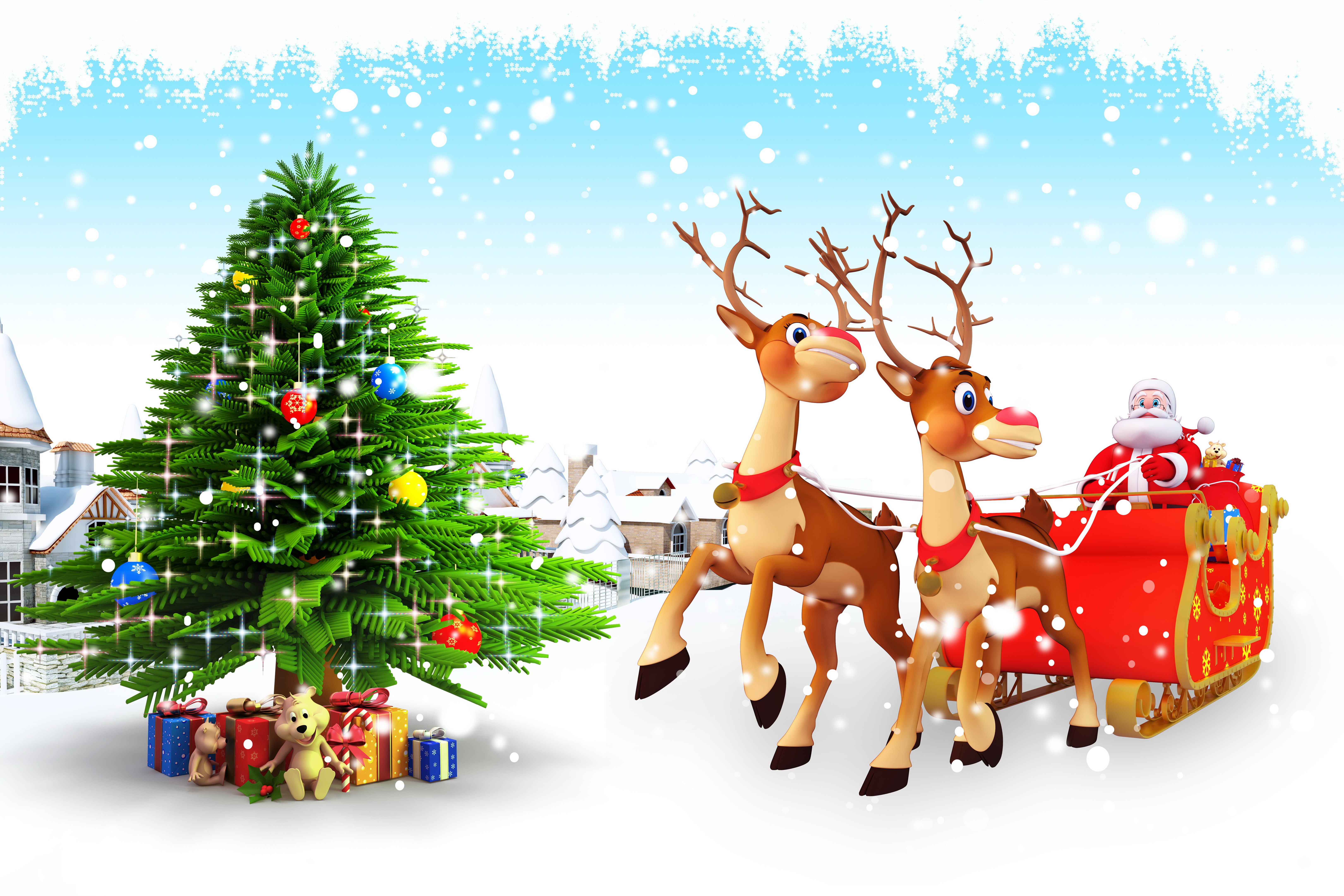 Christmas scene with Santa, reindeer, and tree HD Wallpaper