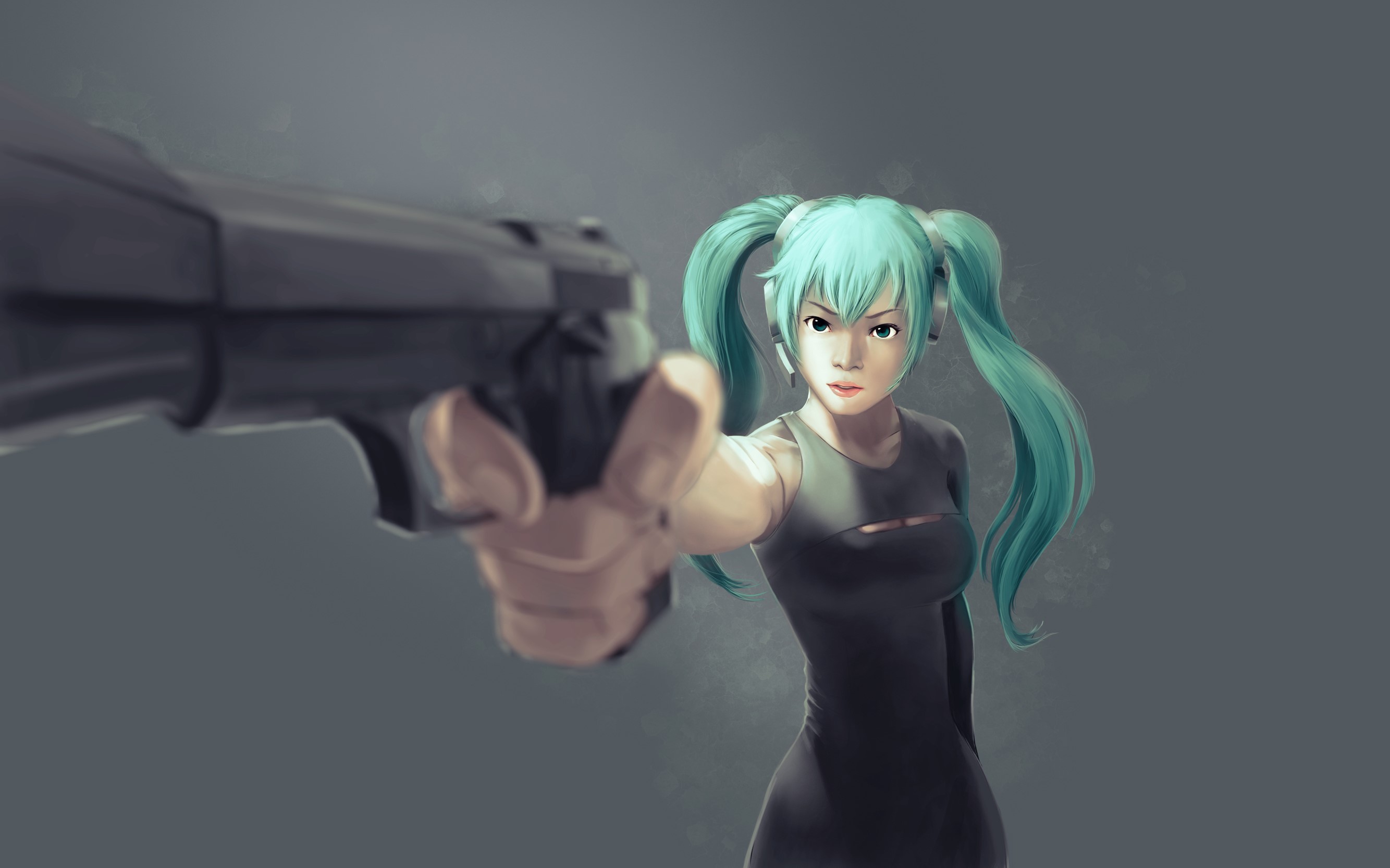 Hatsune Miku holding a pistol HD Wallpaper
