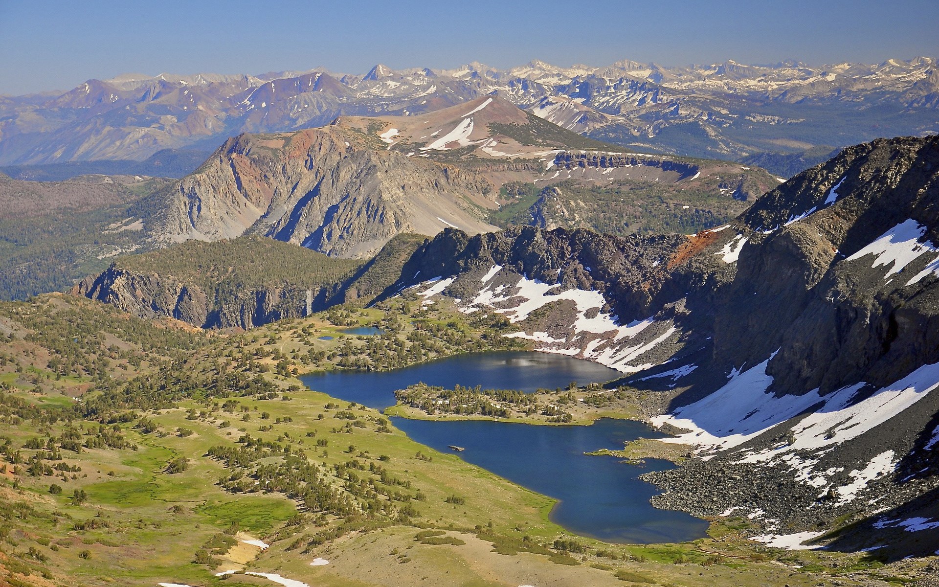 Mountain landscape with lakes and snow-capped peaks HD Wallpaper