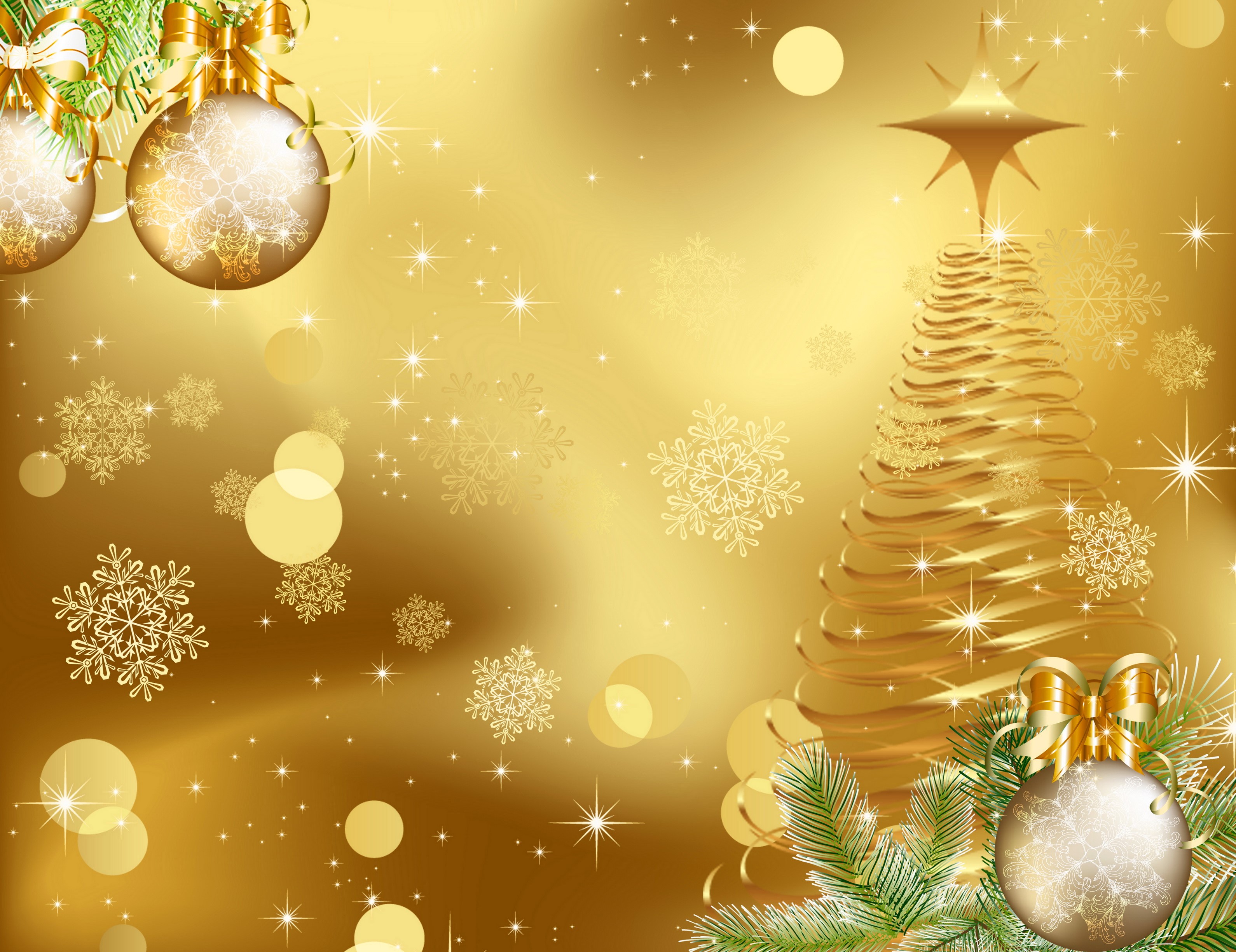 Golden Christmas Tree with Ornaments and Snowflakes HD Wallpaper