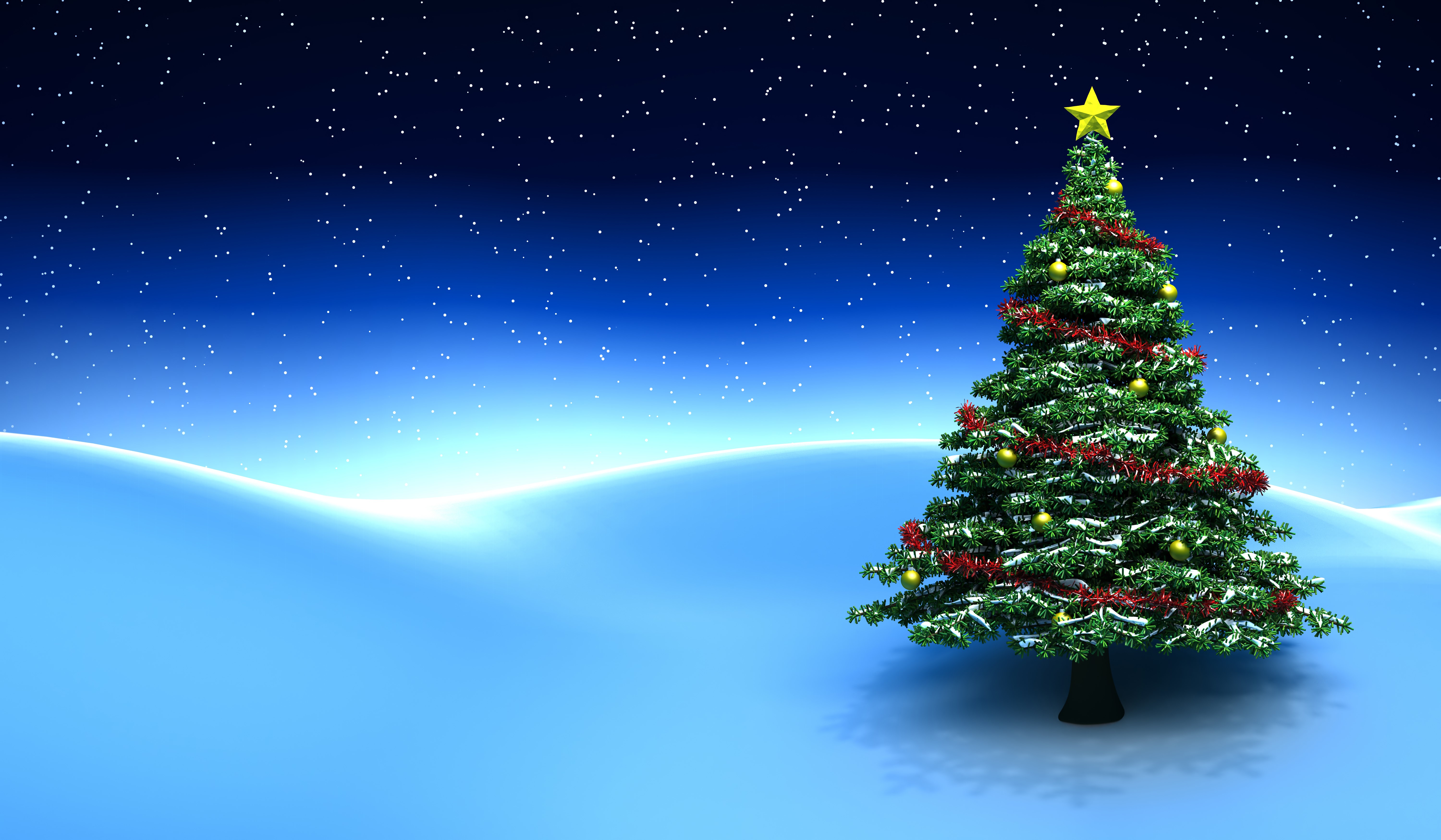Christmas tree in a snowy landscape at night HD Wallpaper