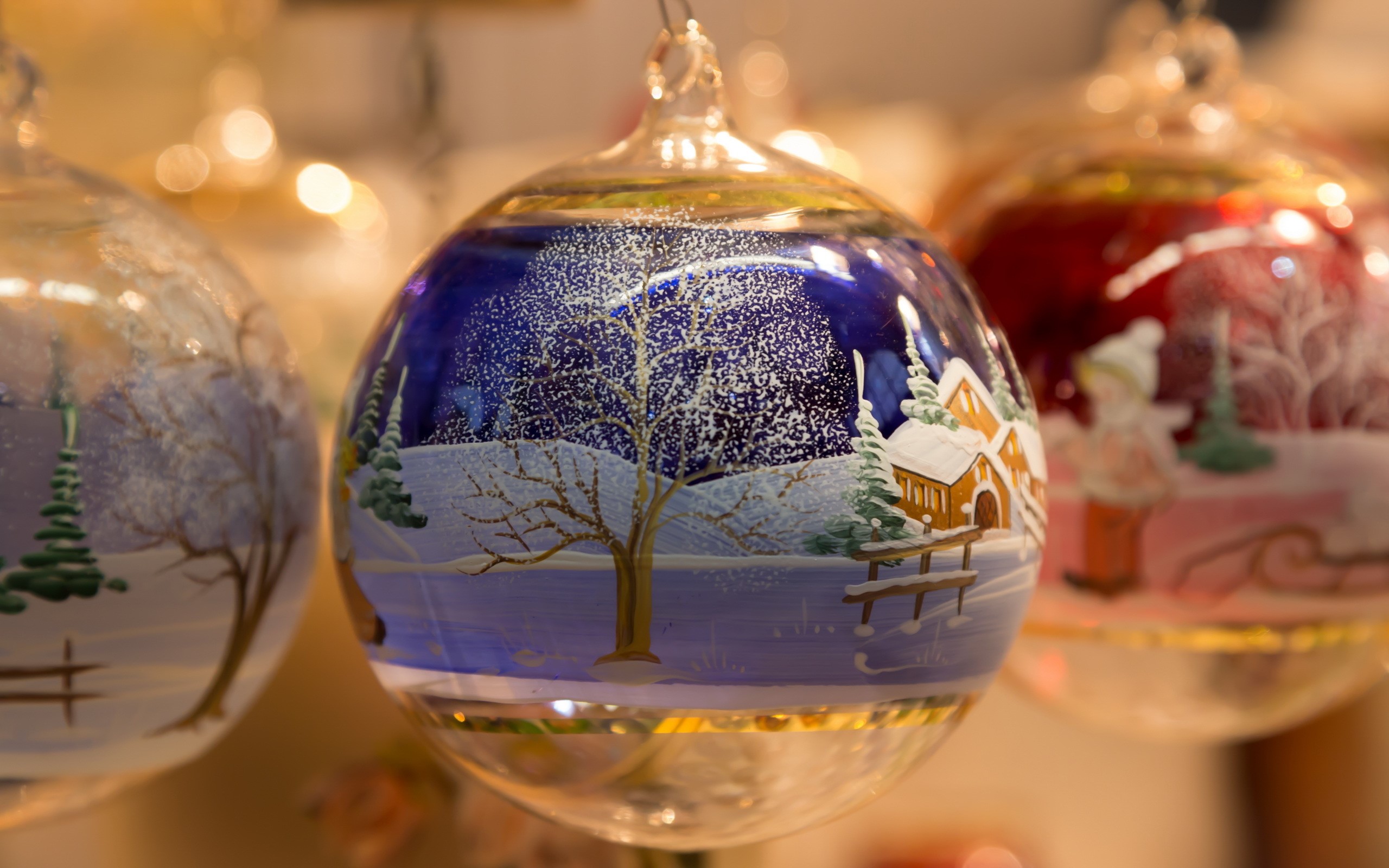 Christmas ornaments with winter scenes HD Wallpaper