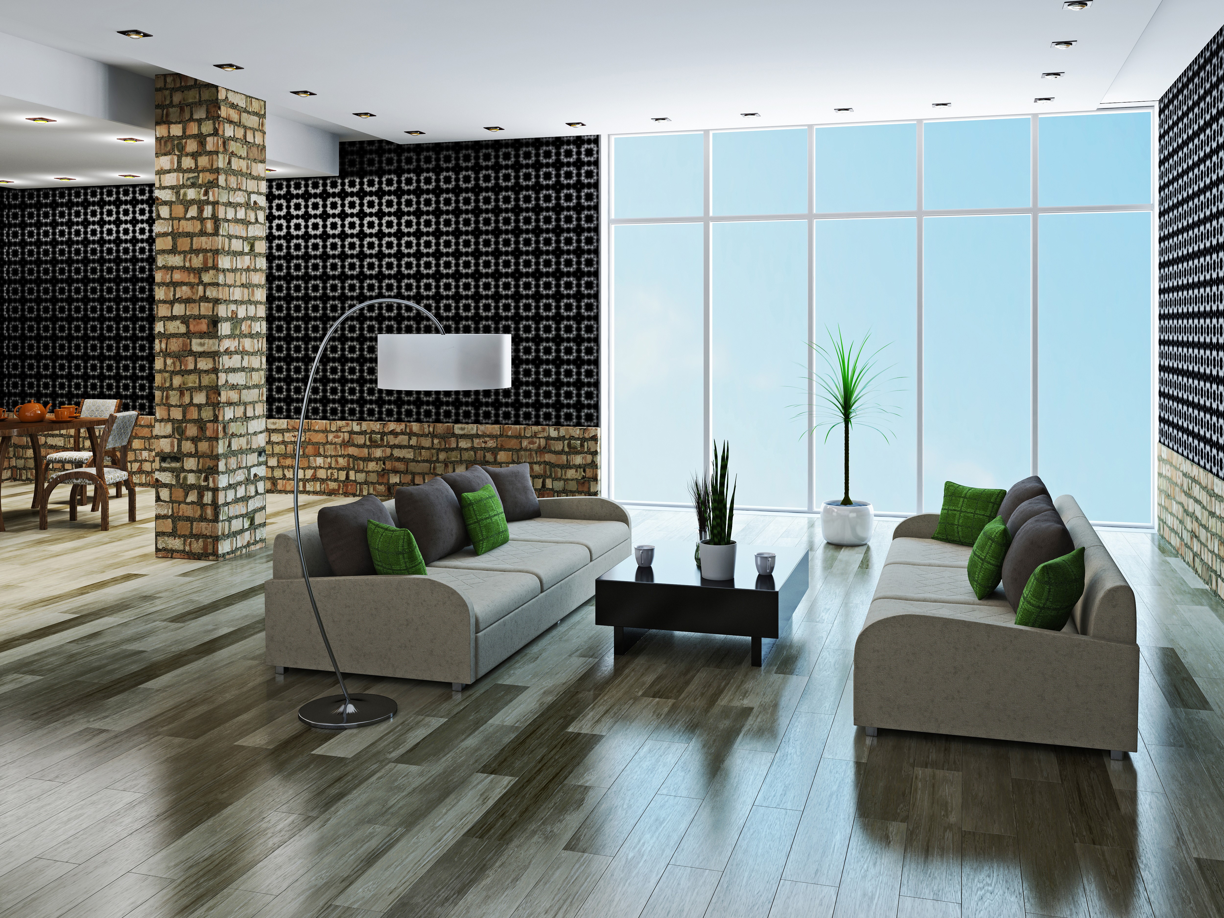 Modern living room with sofas and large windows HD Wallpaper