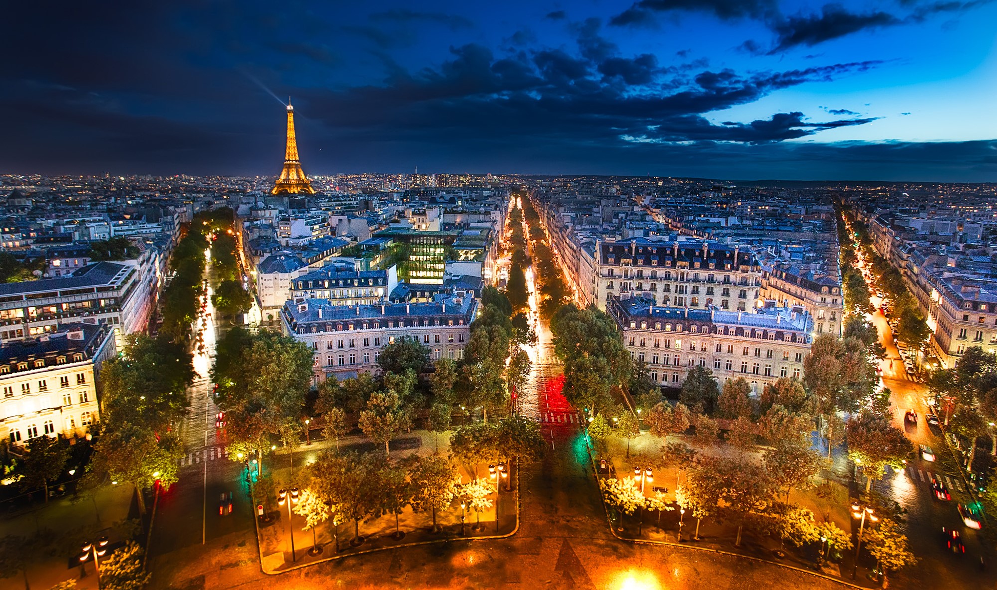 Paris at night with Eiffel Tower and Champs-Élysées HD Wallpaper
