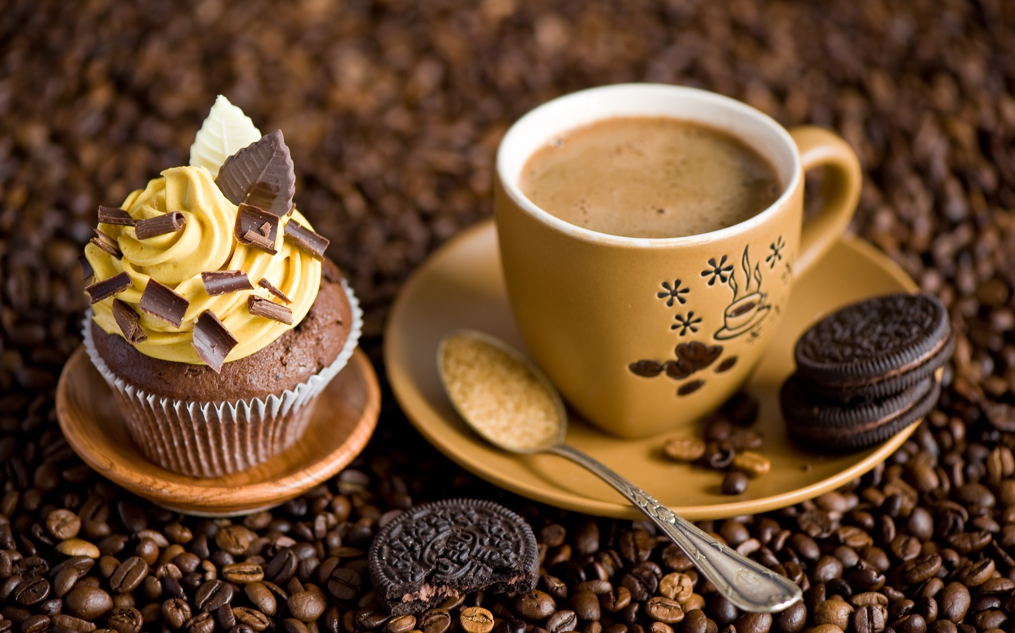 Cup of coffee with cupcake and cookies HD Wallpaper