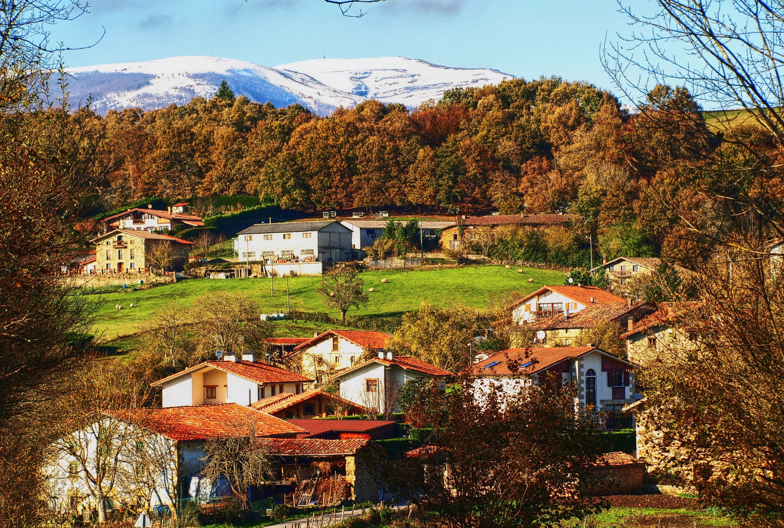 Houses in Gorbea, Spain with snowy mountains HD Wallpaper