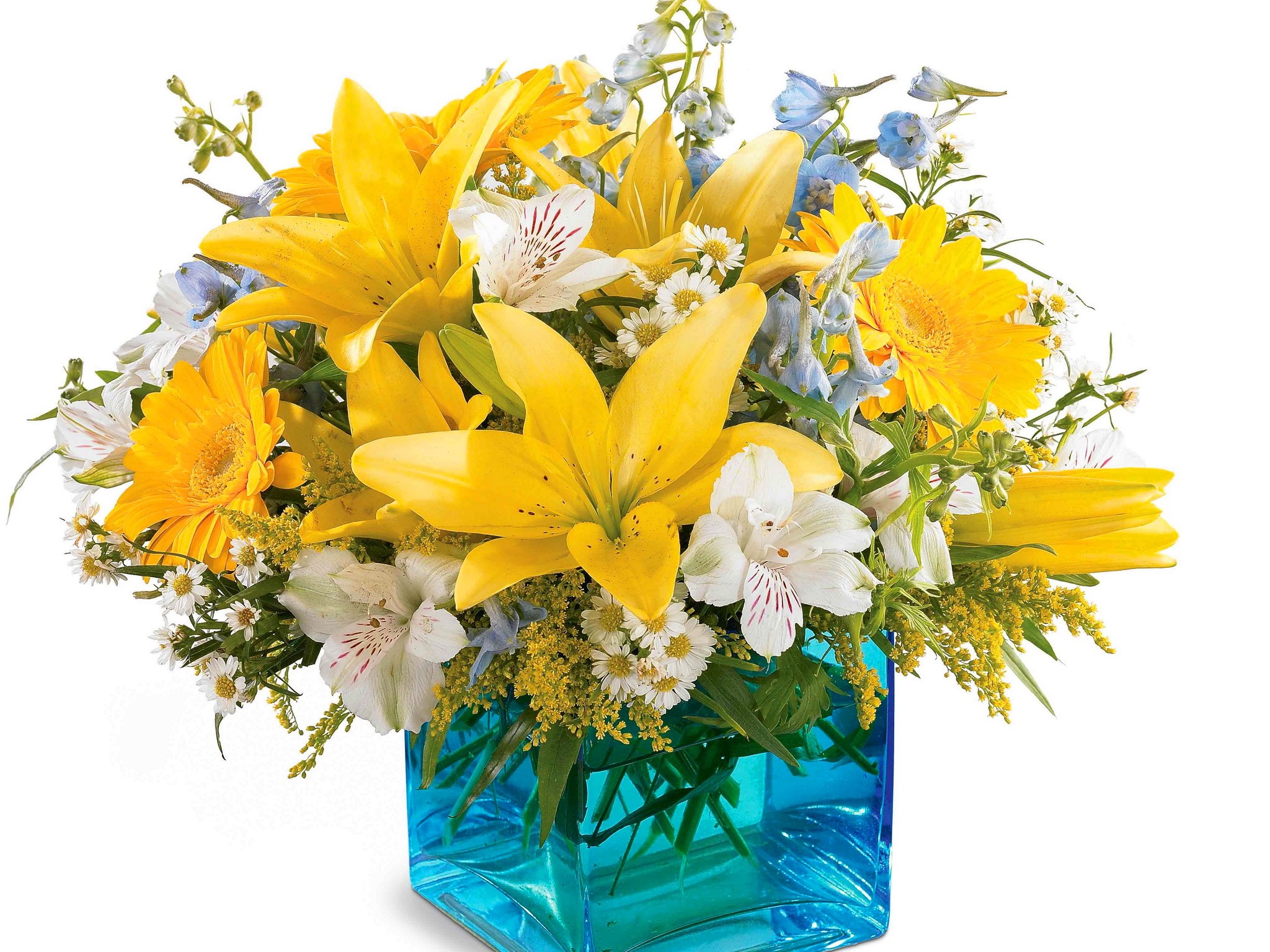 Yellow Lilies, Alstroemeria, and Gerberas in a Blue Vase HD Wallpaper