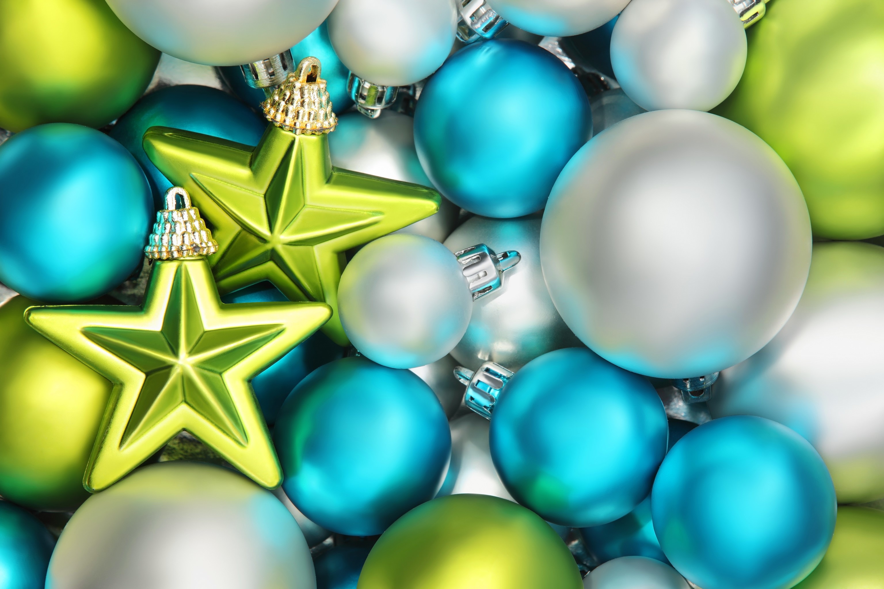Christmas Ornaments: Green Stars, Blue and Silver Balls HD Wallpaper