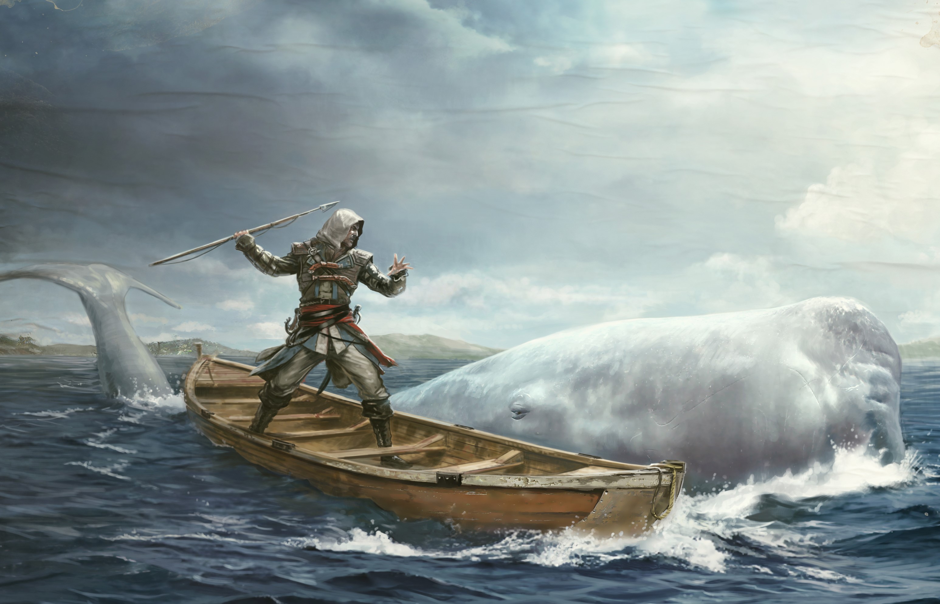 Assassin from Assassin's Creed 4 Black Flag hunting a whale HD Wallpaper