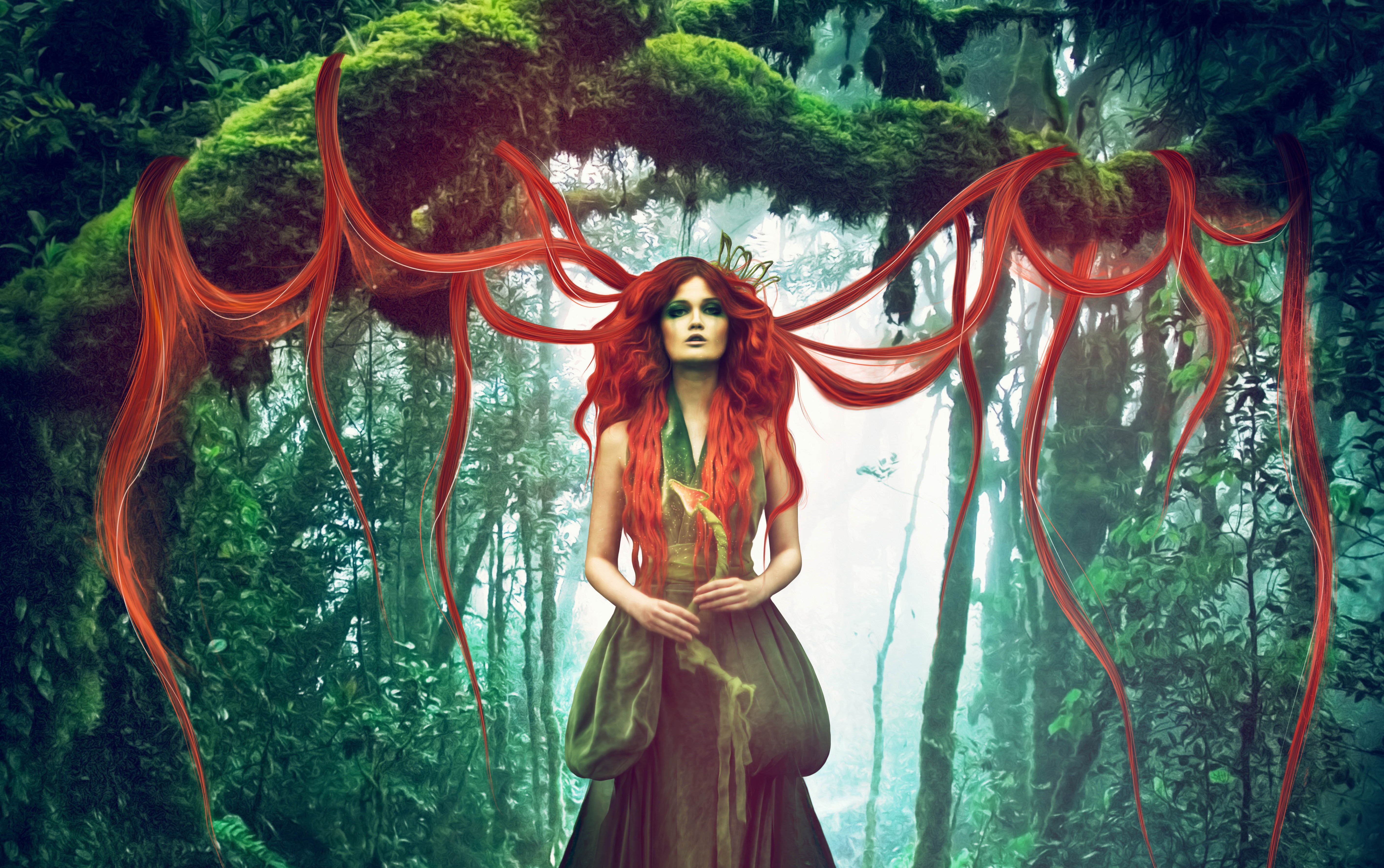 Redhead woman with flowing hair in a magical forest HD Wallpaper