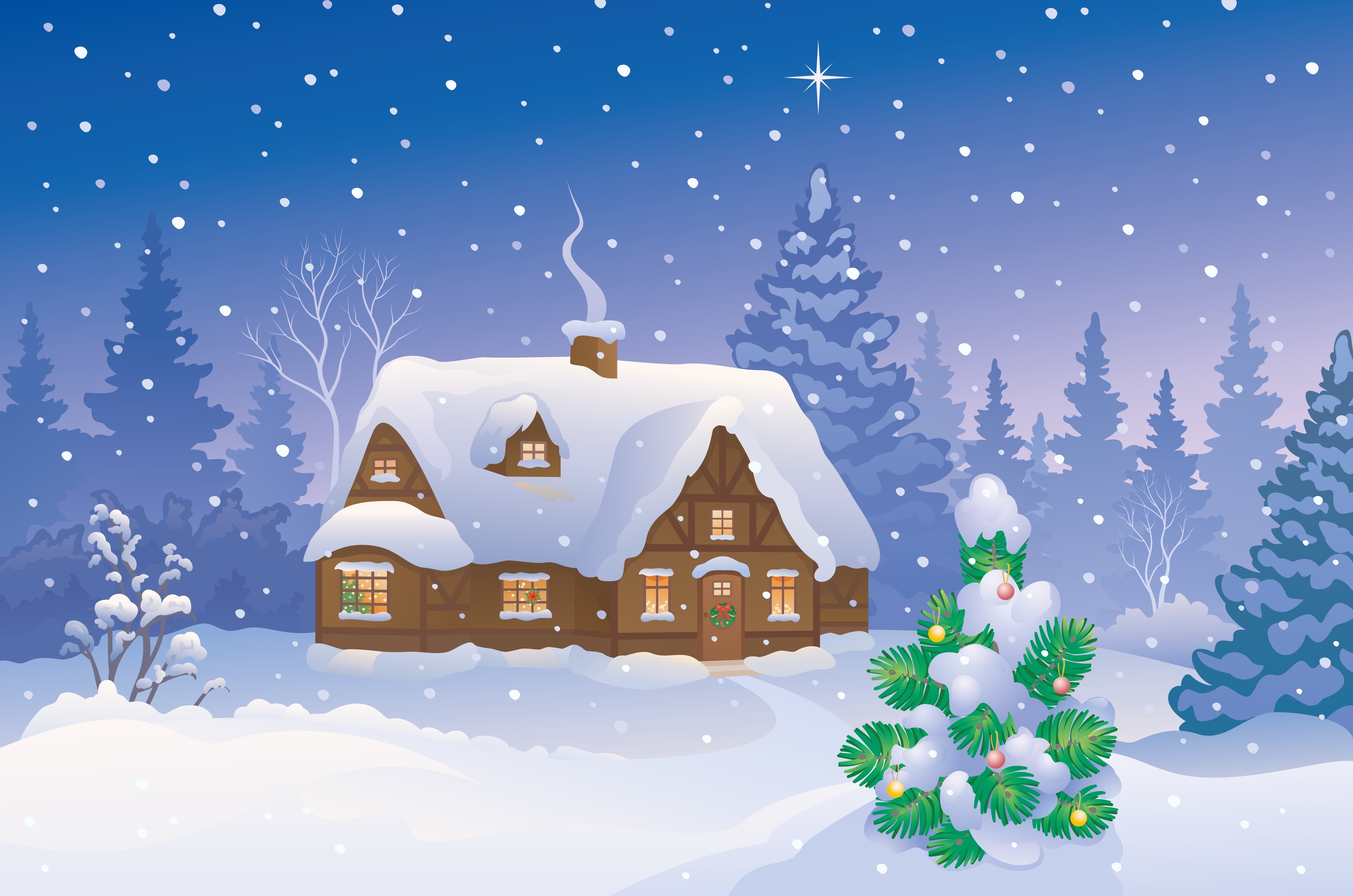 Vector graphic of a snowy winter village scene HD Wallpaper