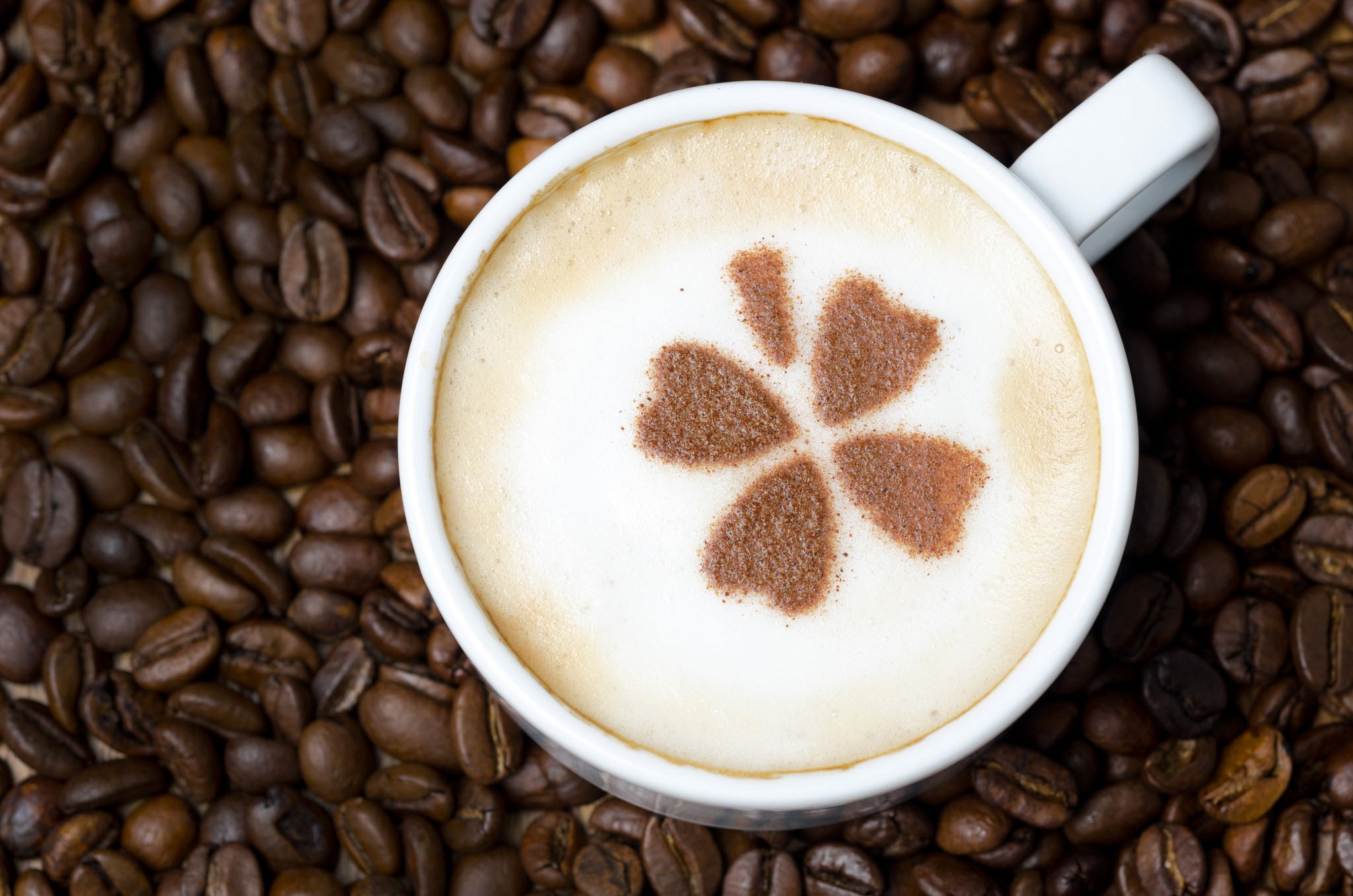 Coffee cup with latte art on coffee beans HD Wallpaper