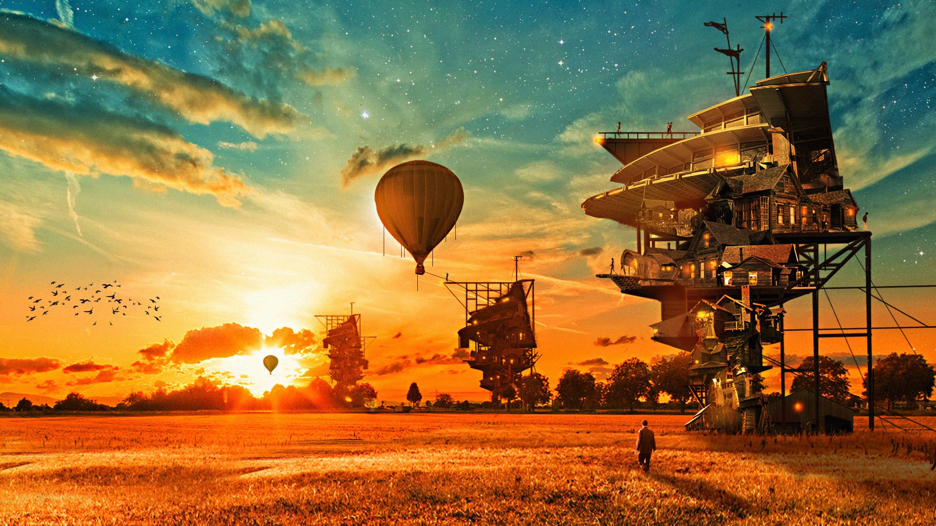 Steampunk houses and hot air balloons at sunset HD Wallpaper