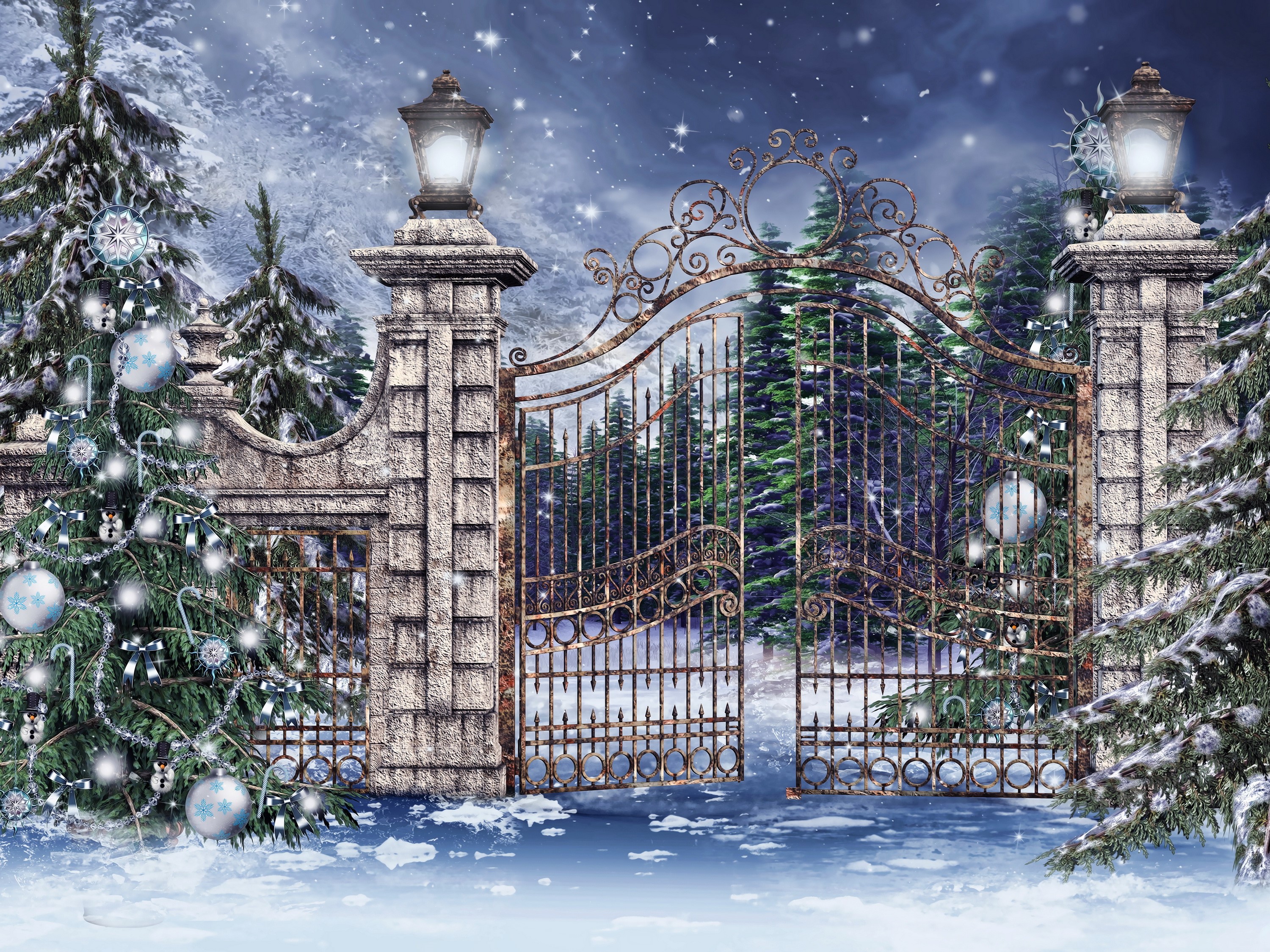 Christmas gate in a snowy forest HD Wallpaper
