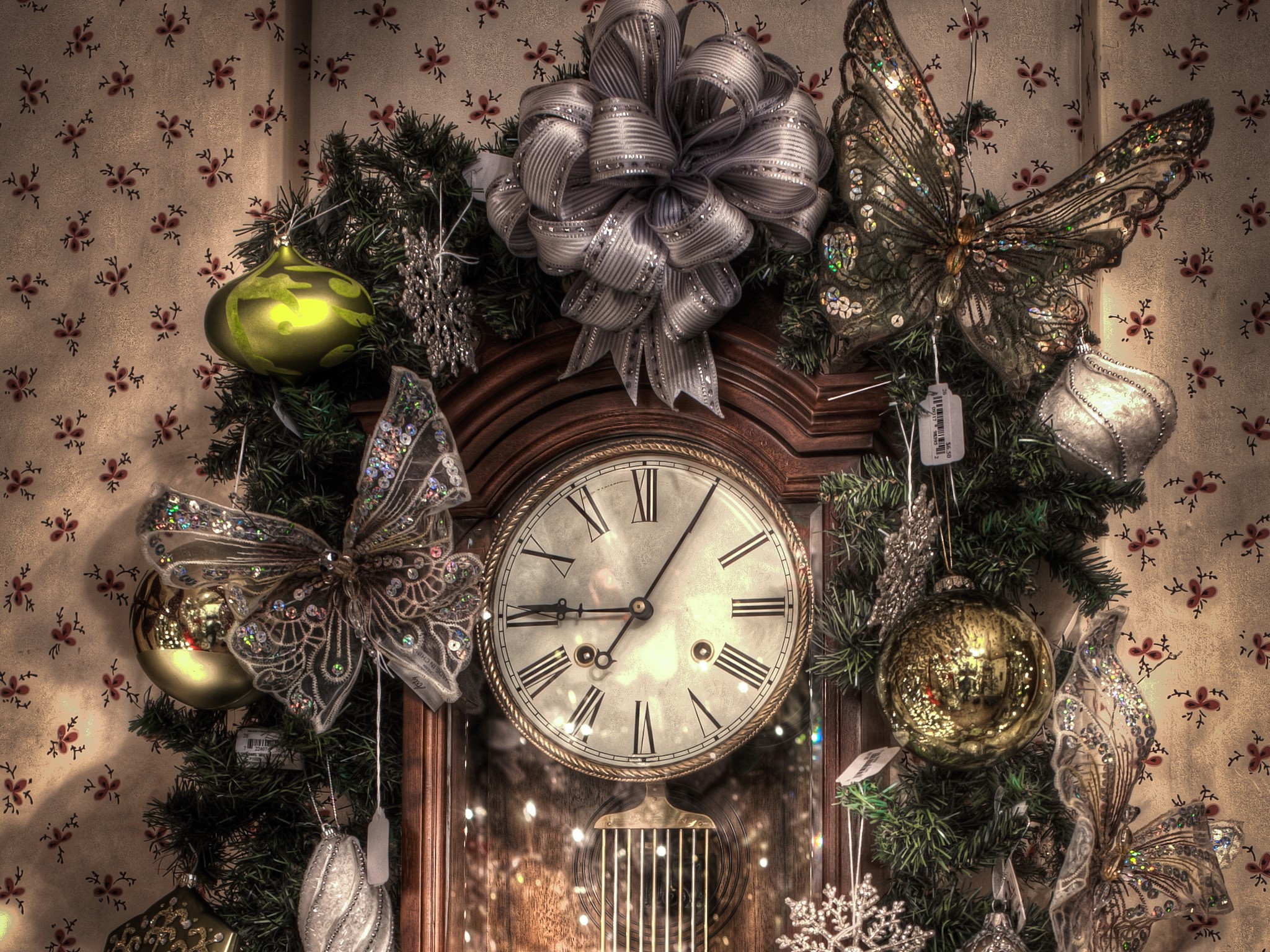 Christmas decorated grandfather clock with ornaments and butterflies HD Wallpaper