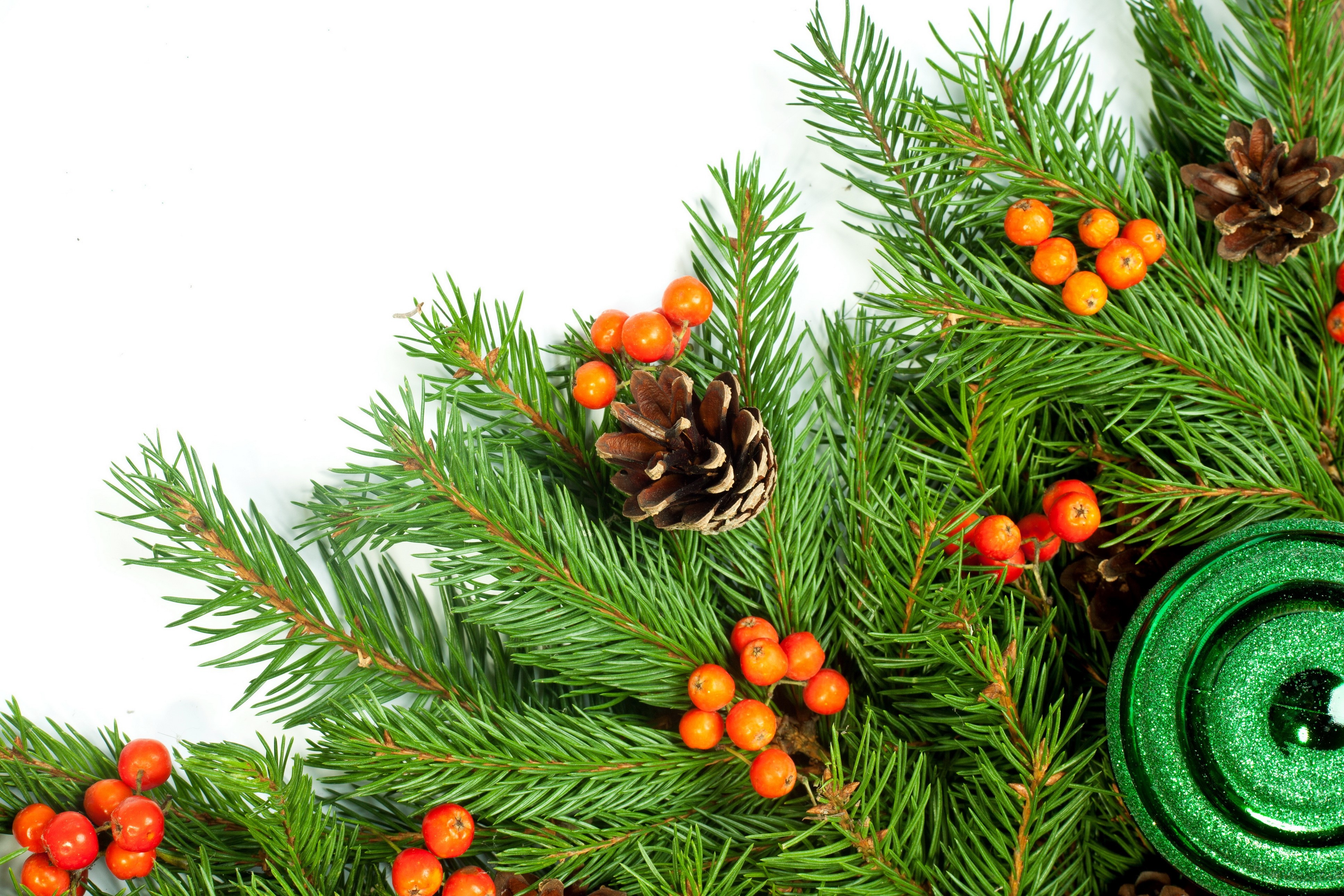 Christmas tree branches with pine cones and berries HD Wallpaper