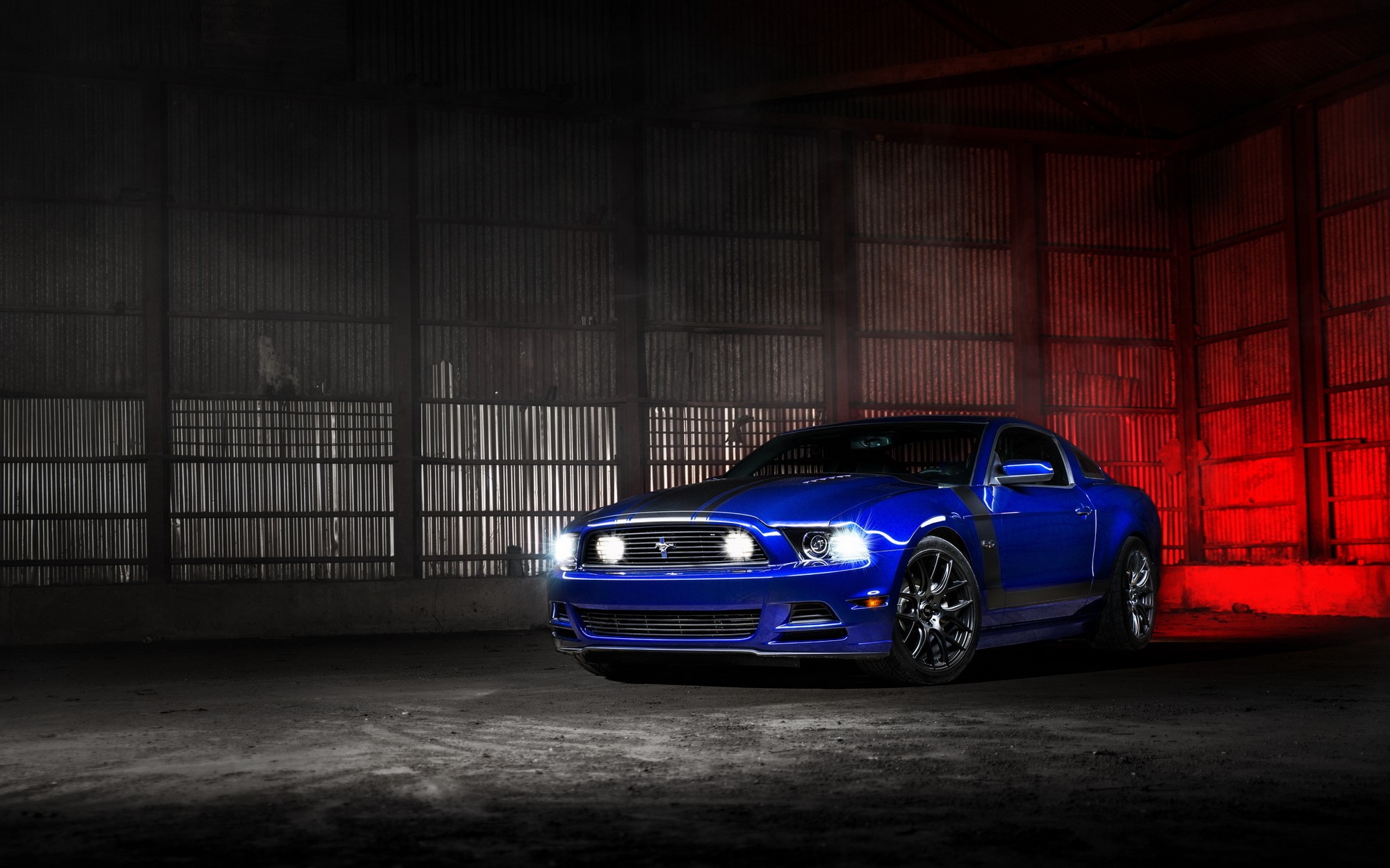 Blue Ford Mustang in a warehouse HD Wallpaper