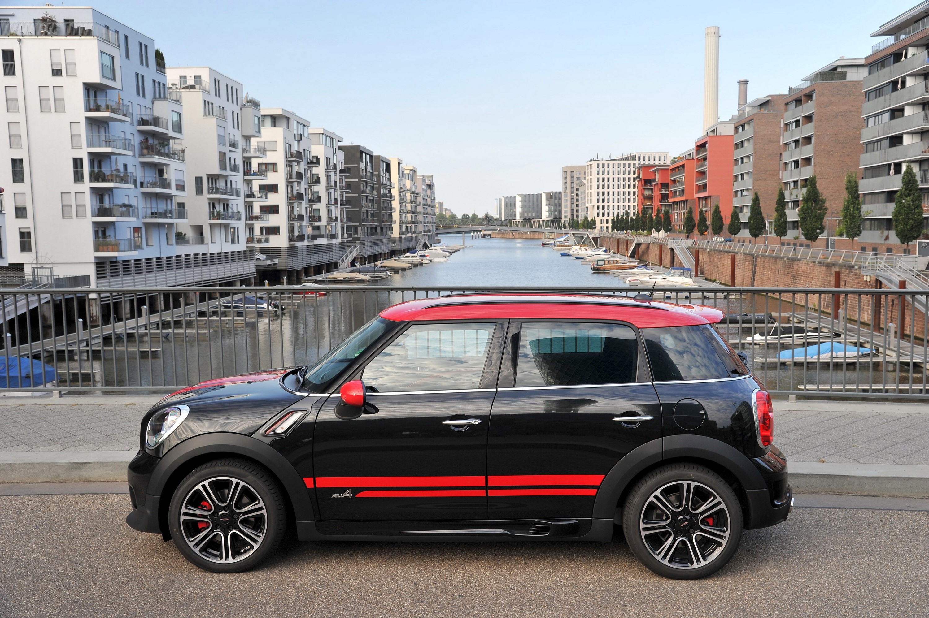 Black 2012 Mini Countryman JCW with Red Accents on a Bridge HD Wallpaper