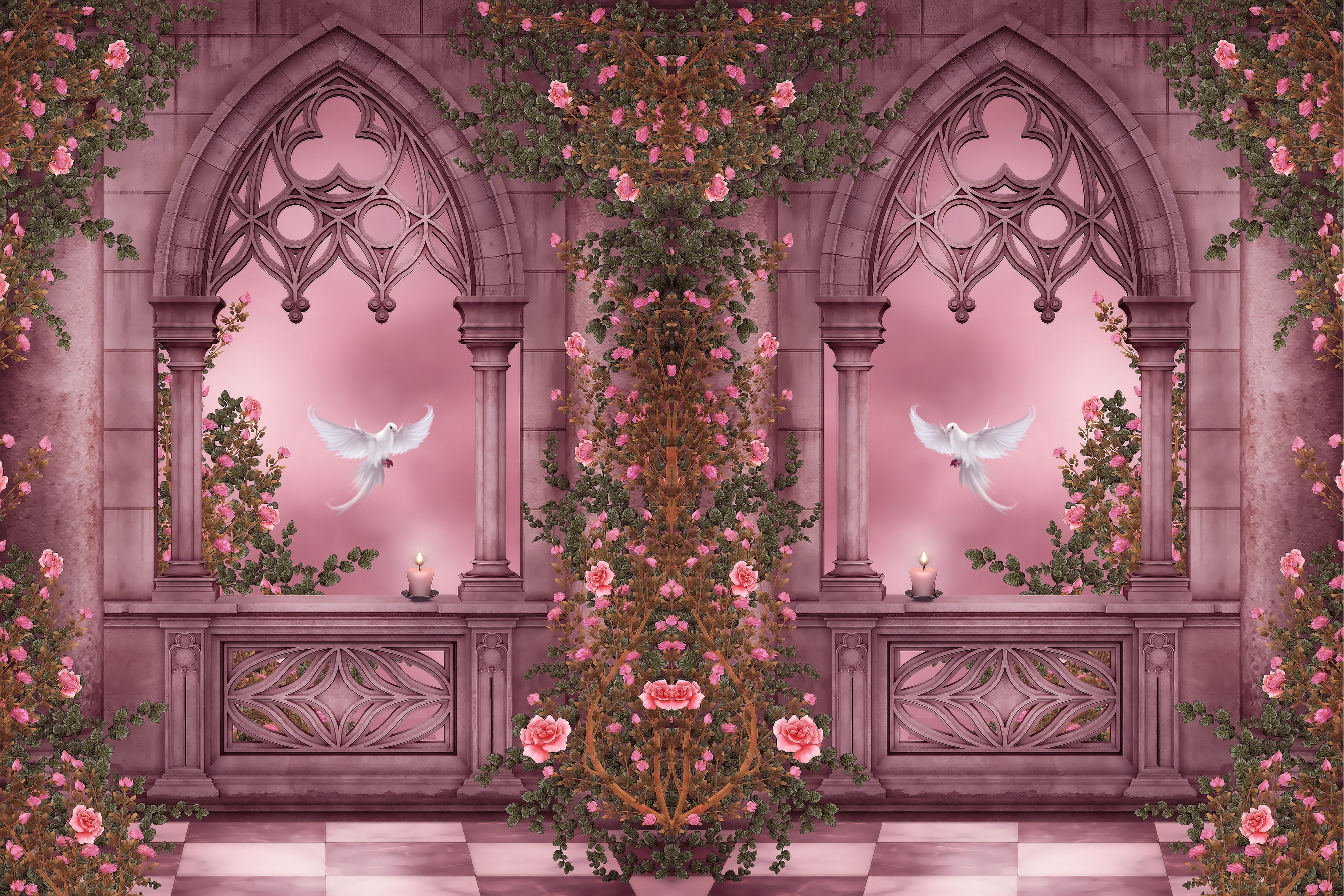 Gothic balcony with doves and roses HD Wallpaper