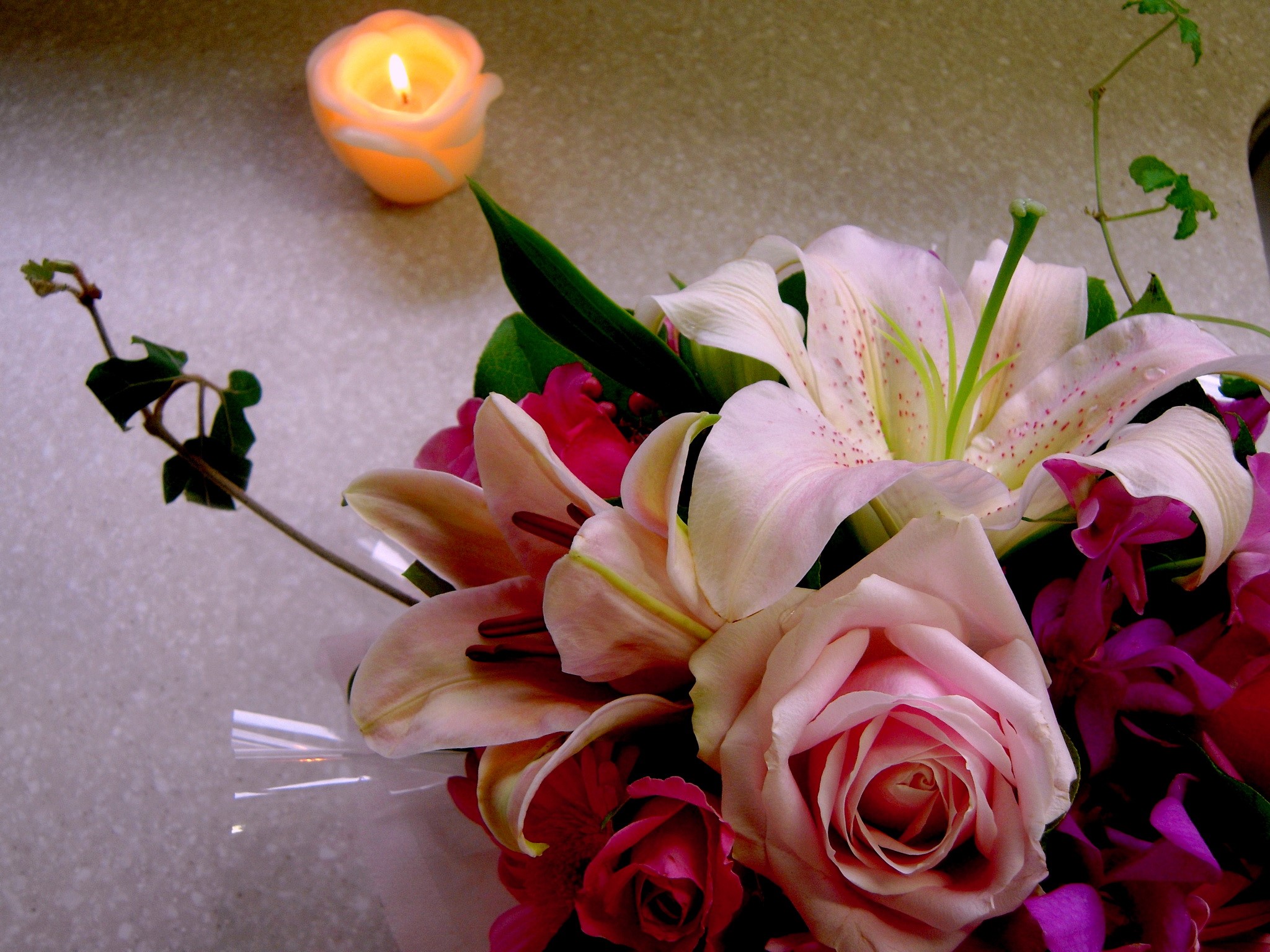 Bouquet of Lilies and Roses with a Candle HD Wallpaper
