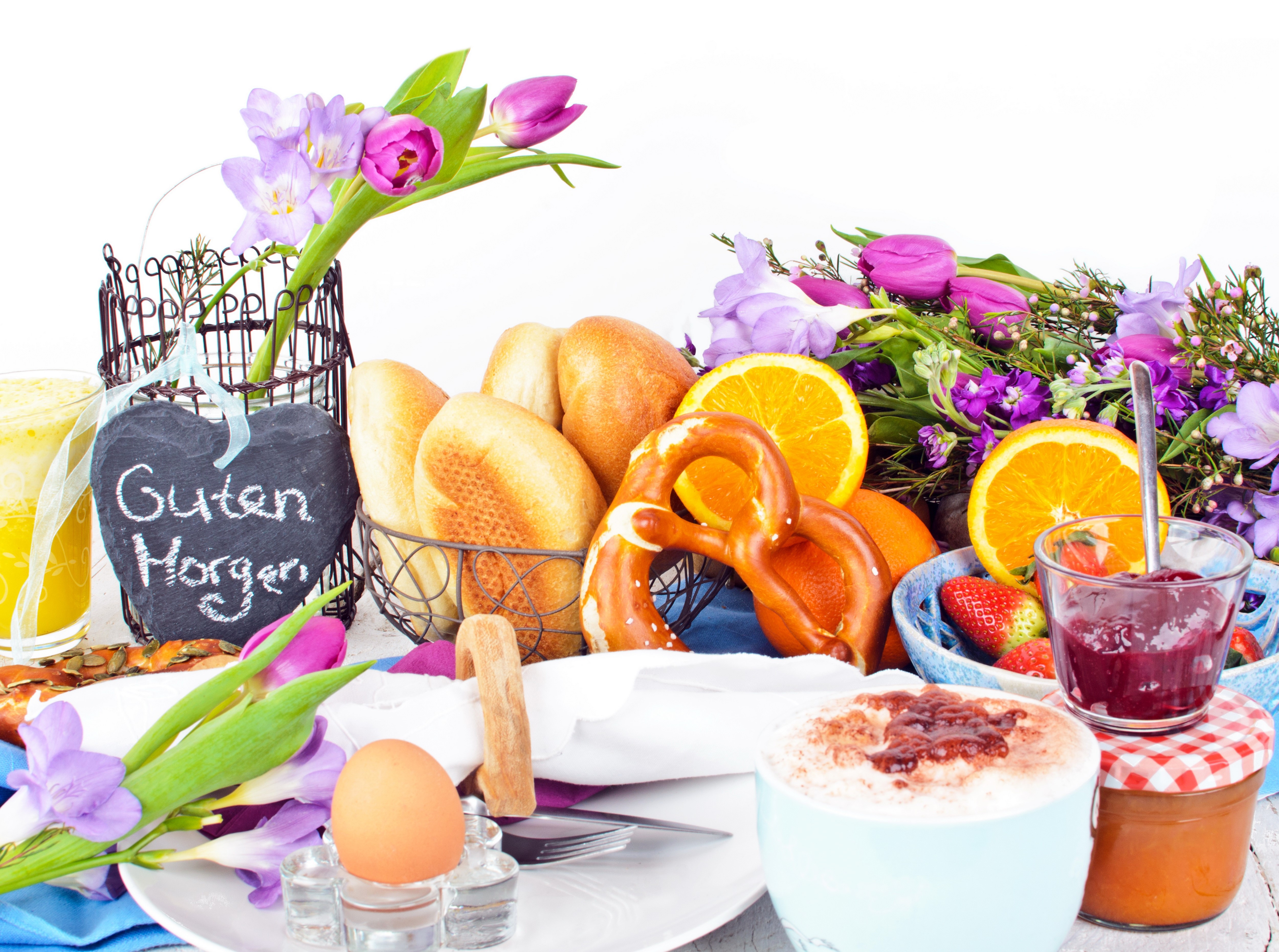 Still-life breakfast with bread, fruit, and flowers HD Wallpaper