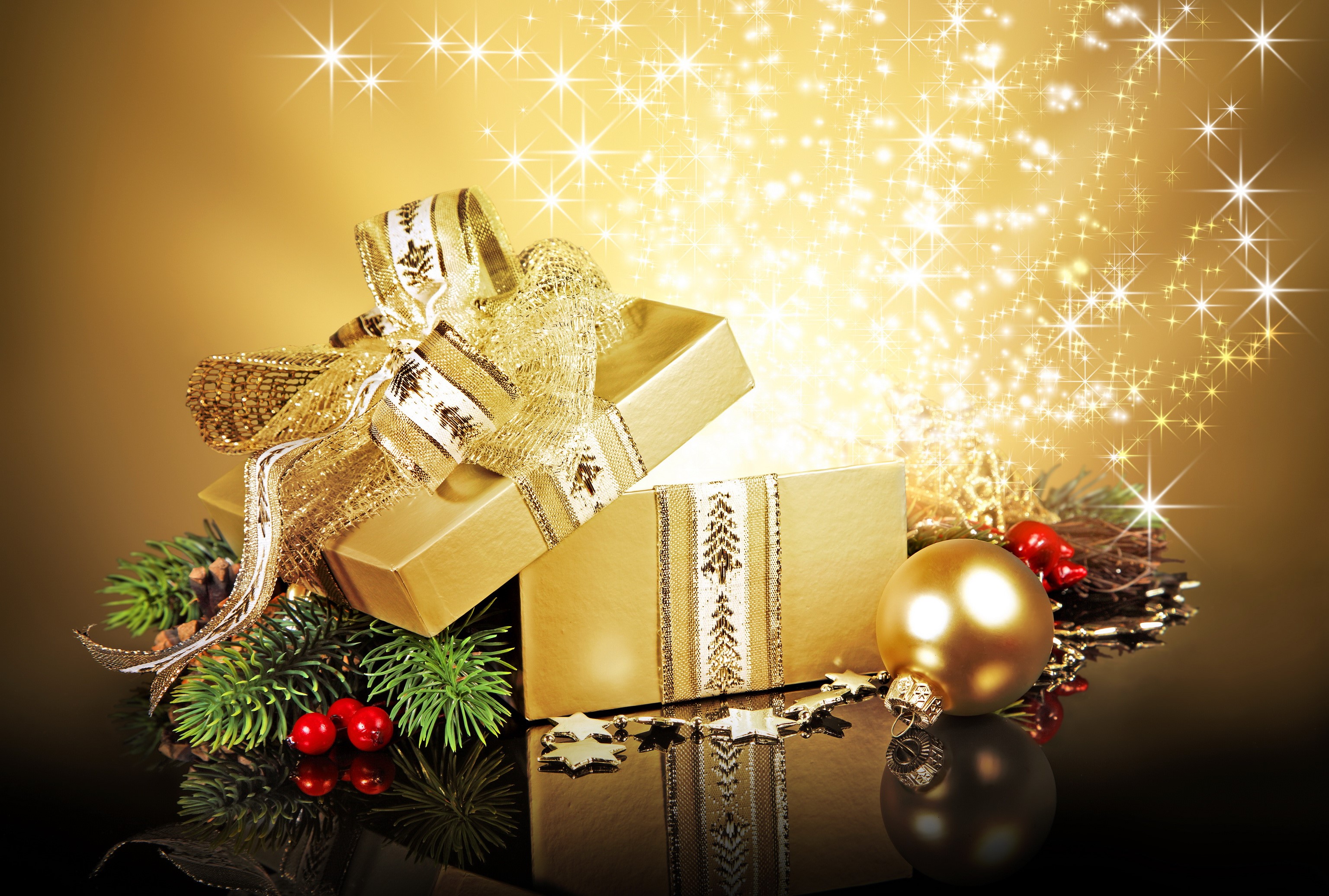 Golden Christmas Gift Box with Ornaments and Pine Sprigs HD Wallpaper