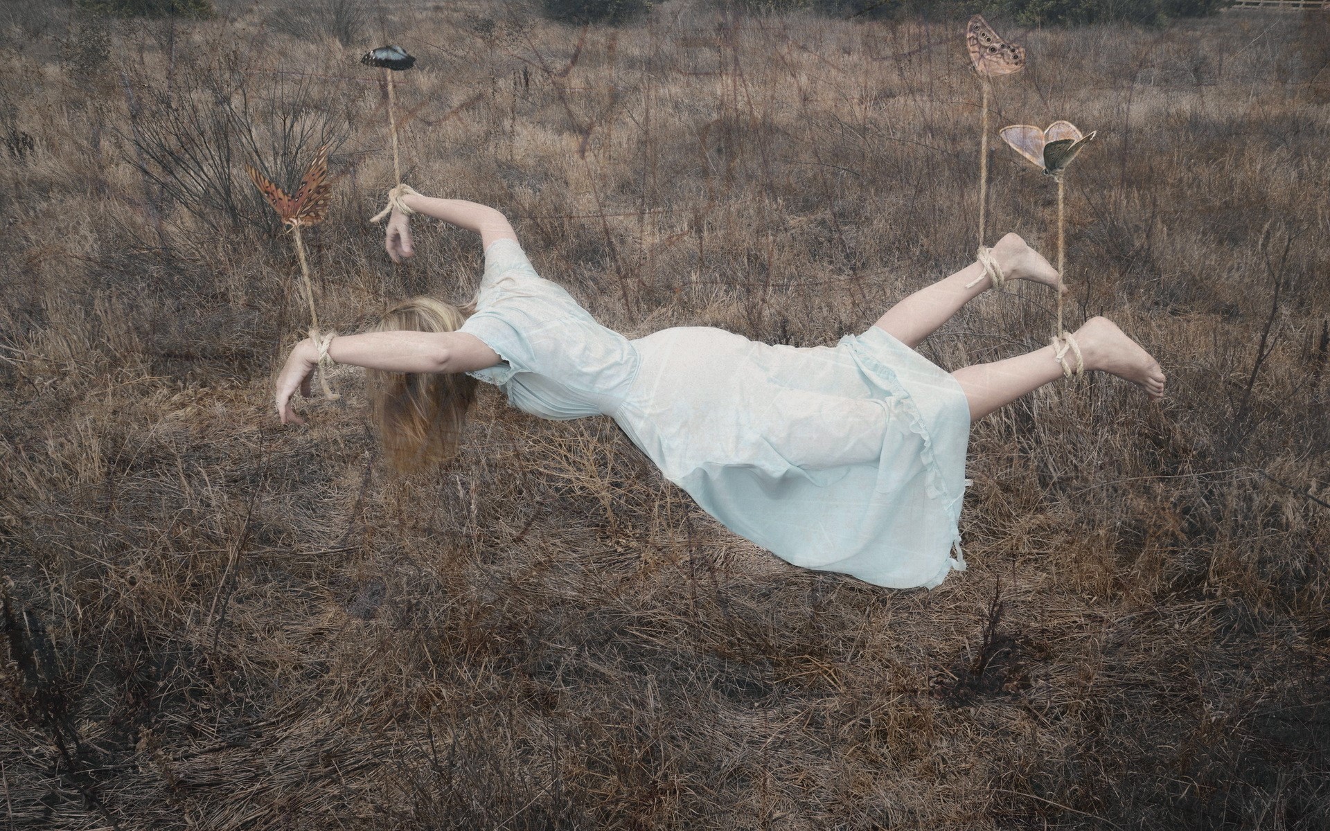 Woman suspended in air with butterflies HD Wallpaper