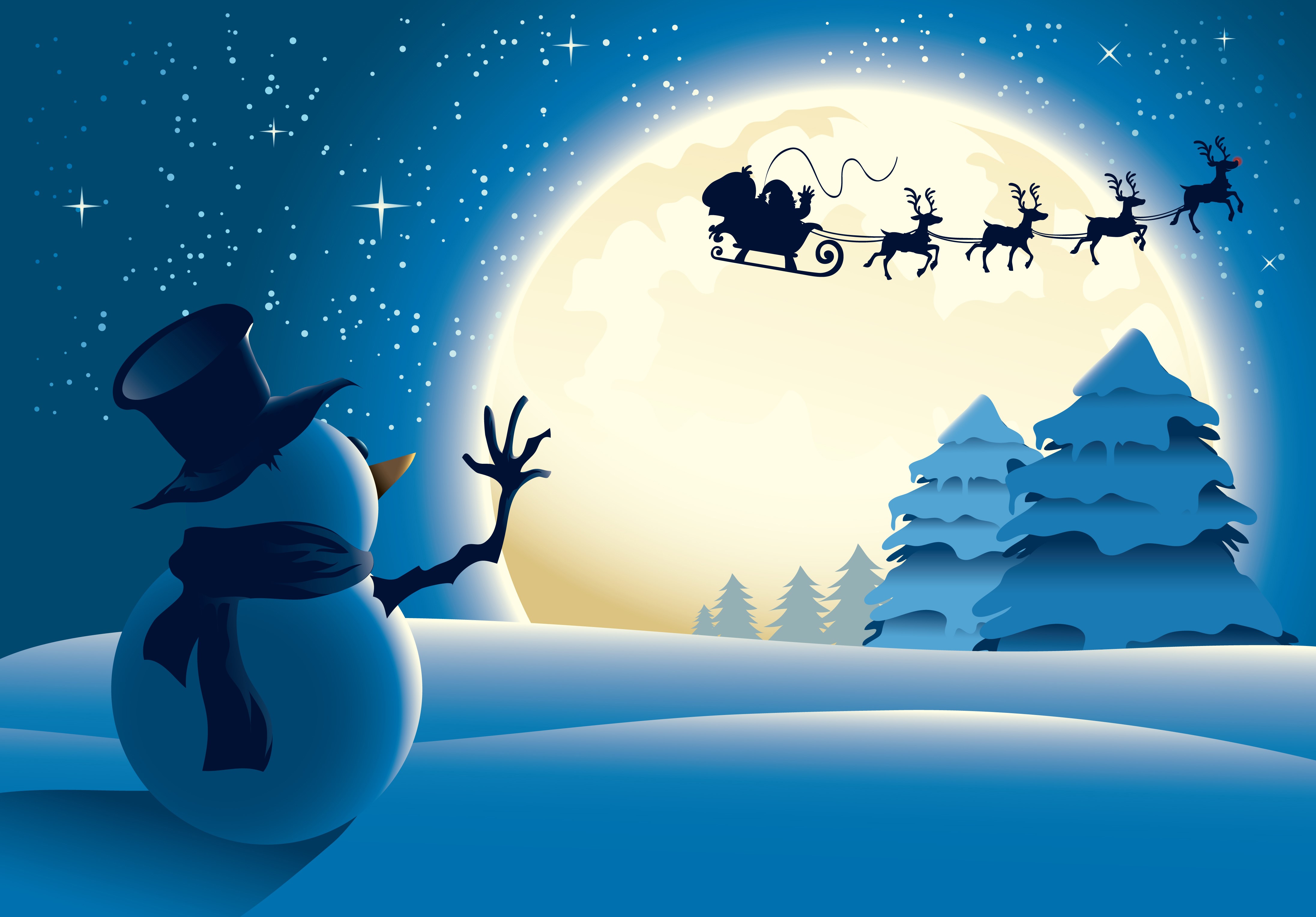 Snowman and Santa Claus flying in the night sky HD Wallpaper