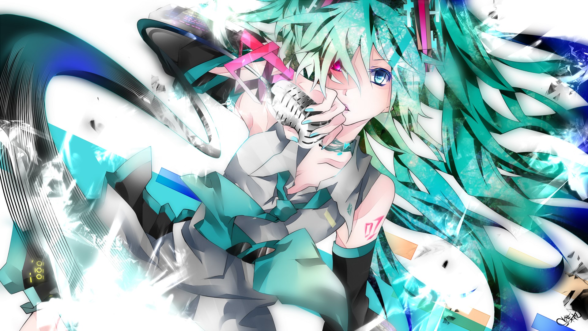 Hatsune Miku singing with microphone HD Wallpaper