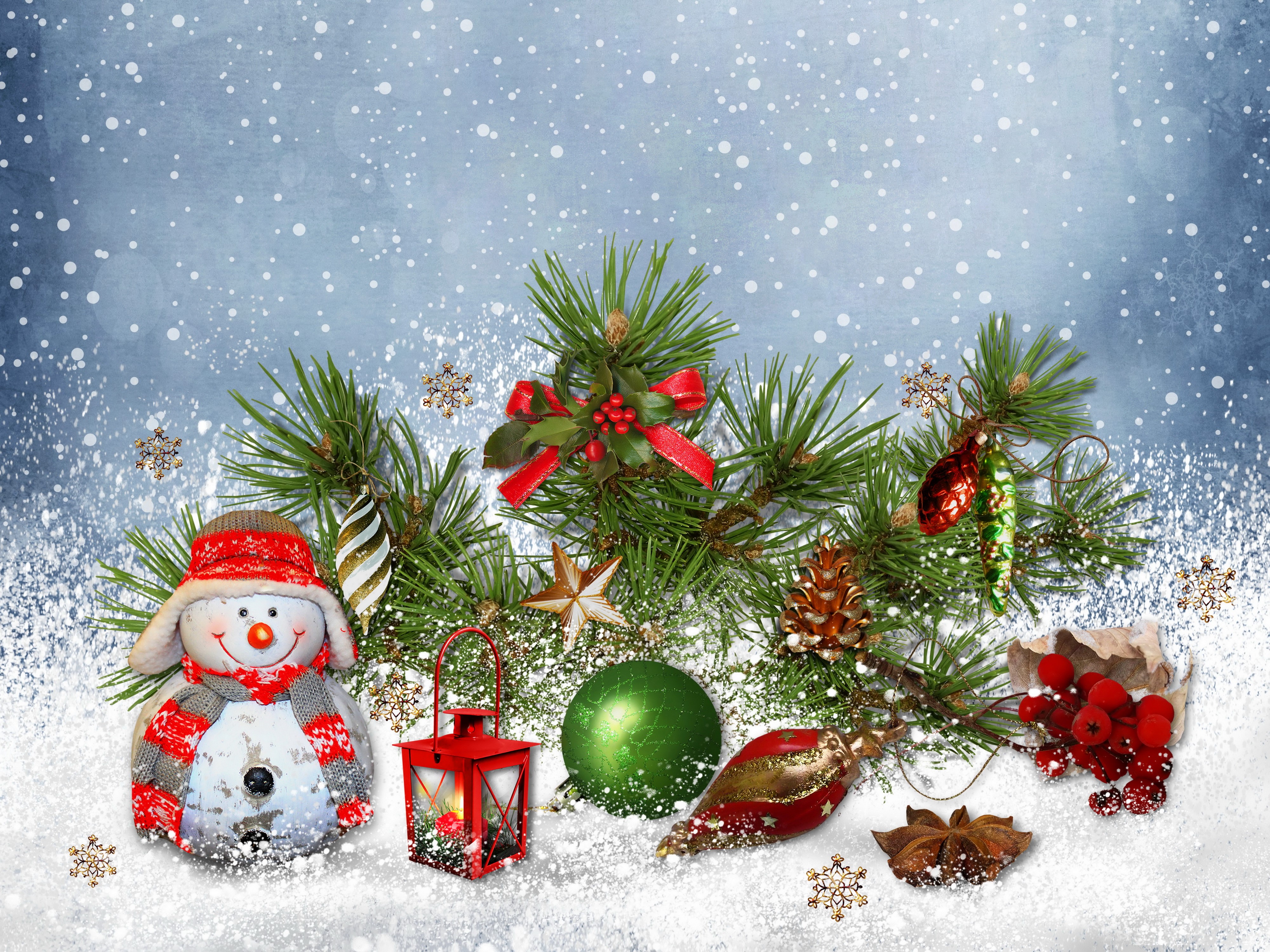 Christmas Decorations with Snowman and Pine Branches HD Wallpaper