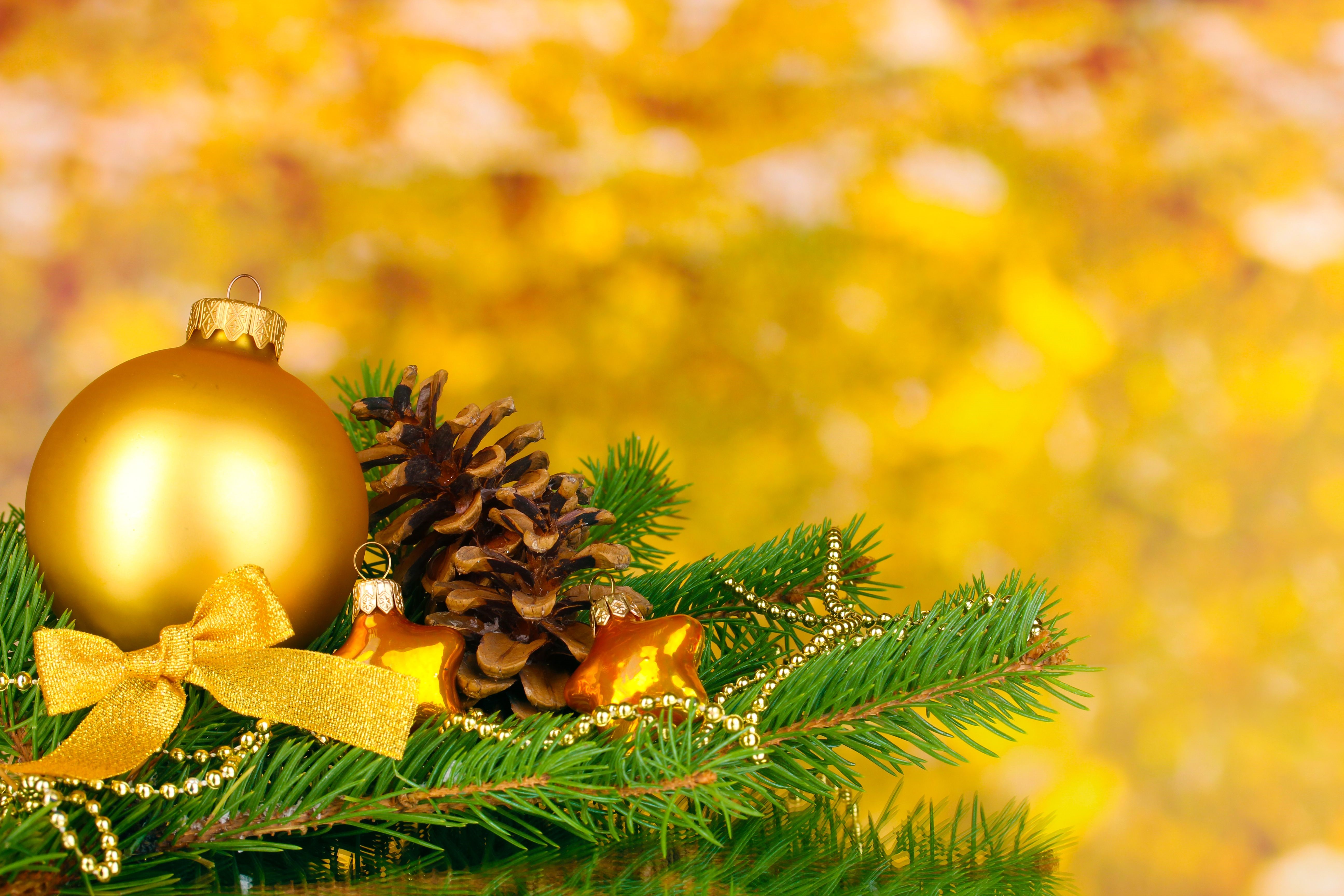 Christmas Ornaments with Pine Cone and Fir Branch HD Wallpaper