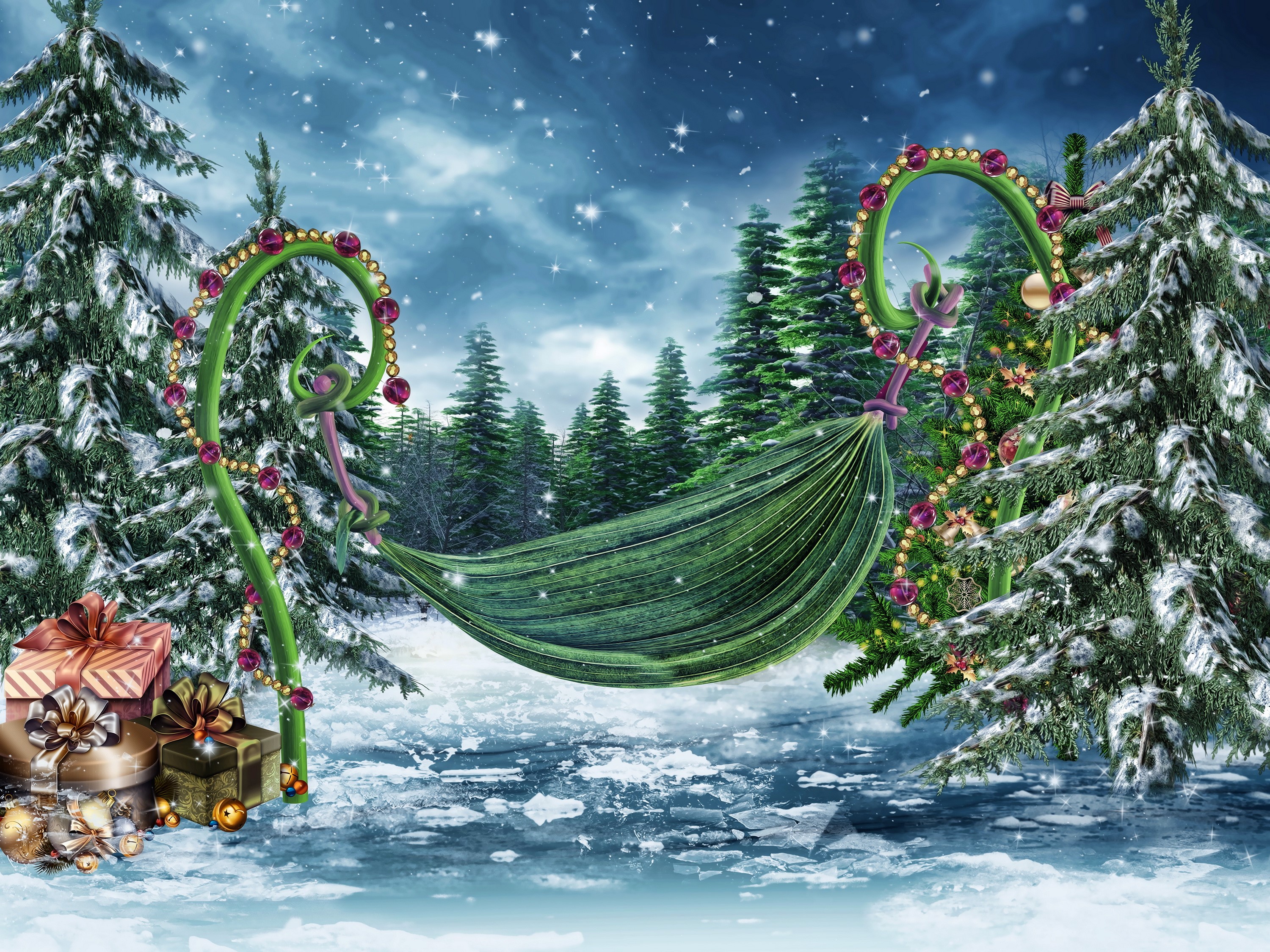 Christmas scene with snow-covered trees and gifts HD Wallpaper