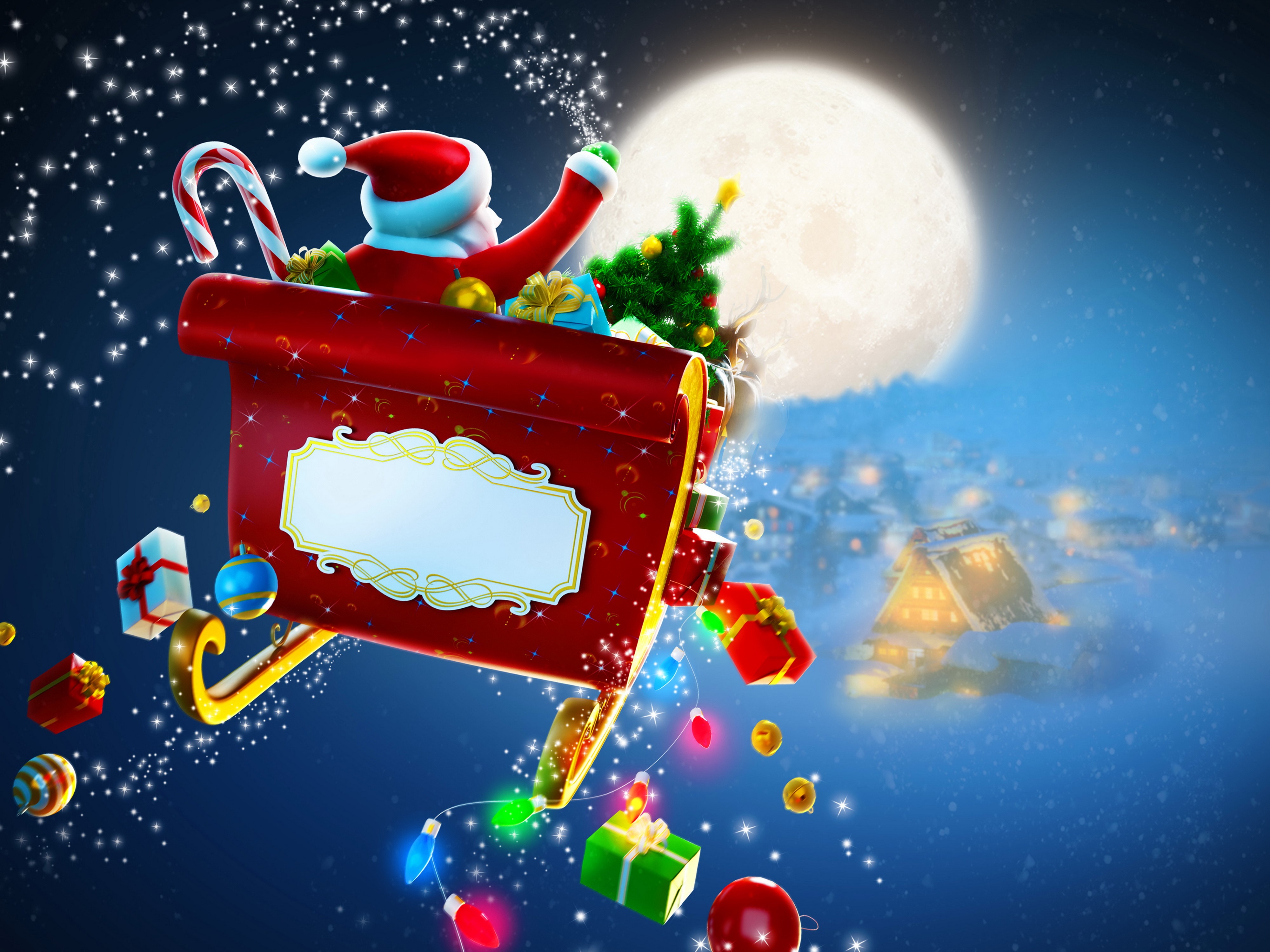 4K Christmas Santa Claus Sled with Gifts HD Wallpaper