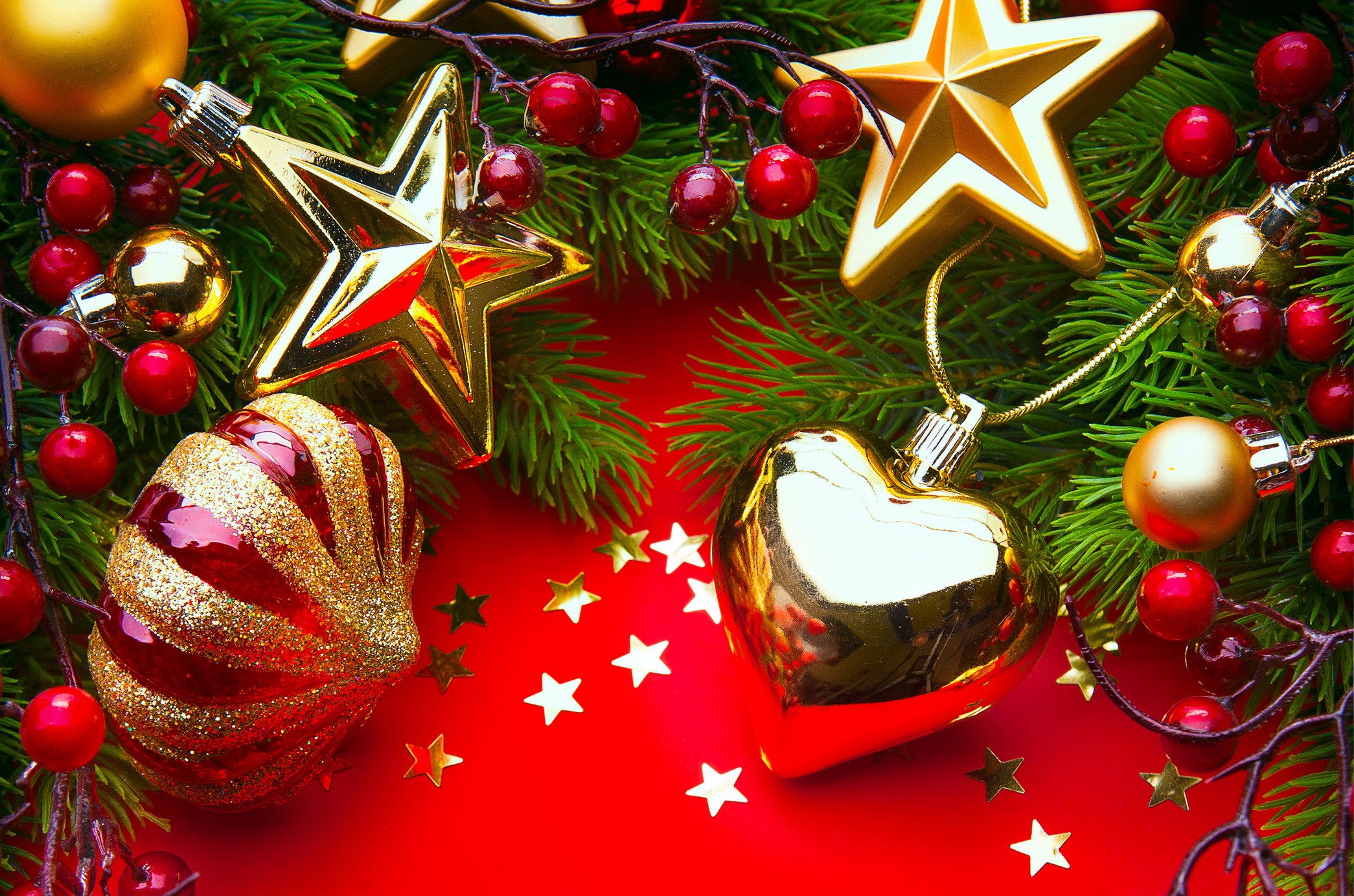Christmas Decorations with Ornaments and Pine Branches HD Wallpaper