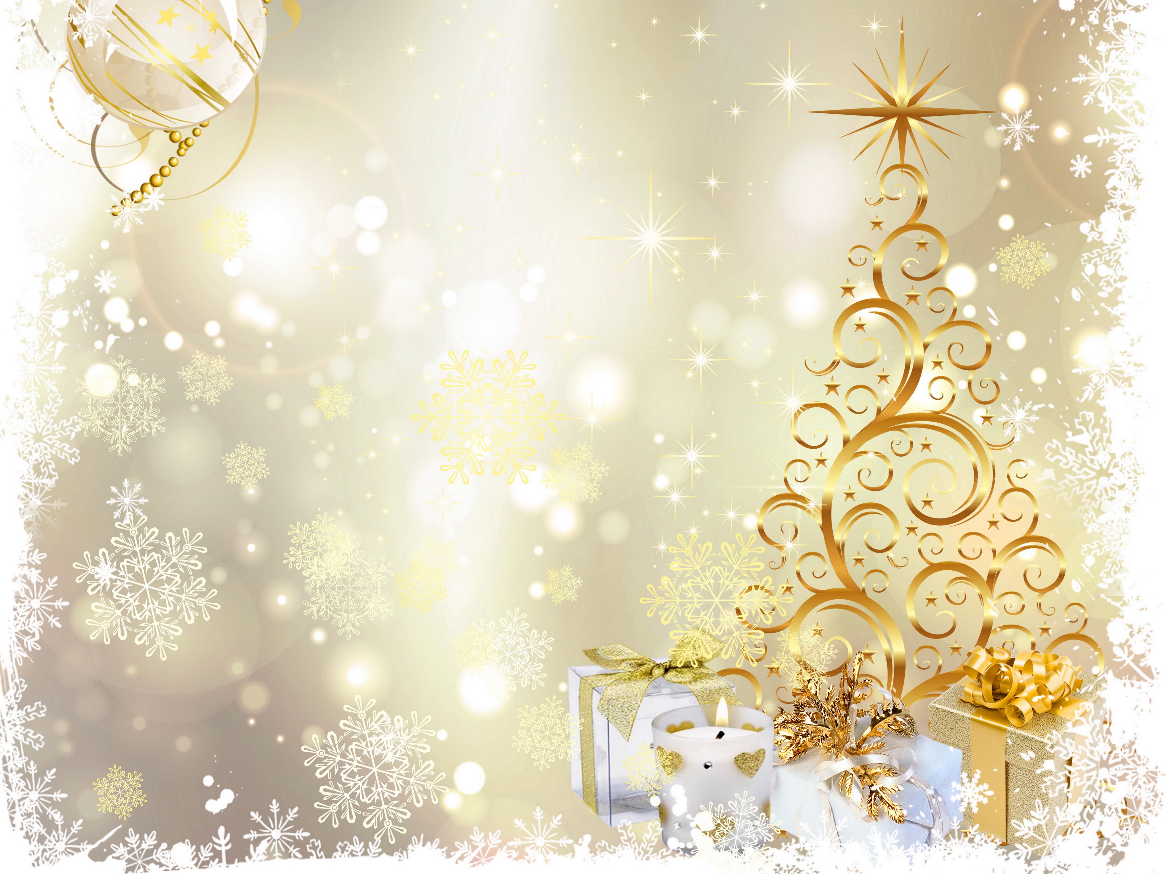 4K Christmas Tree with Gifts and Snowflakes HD Wallpaper
