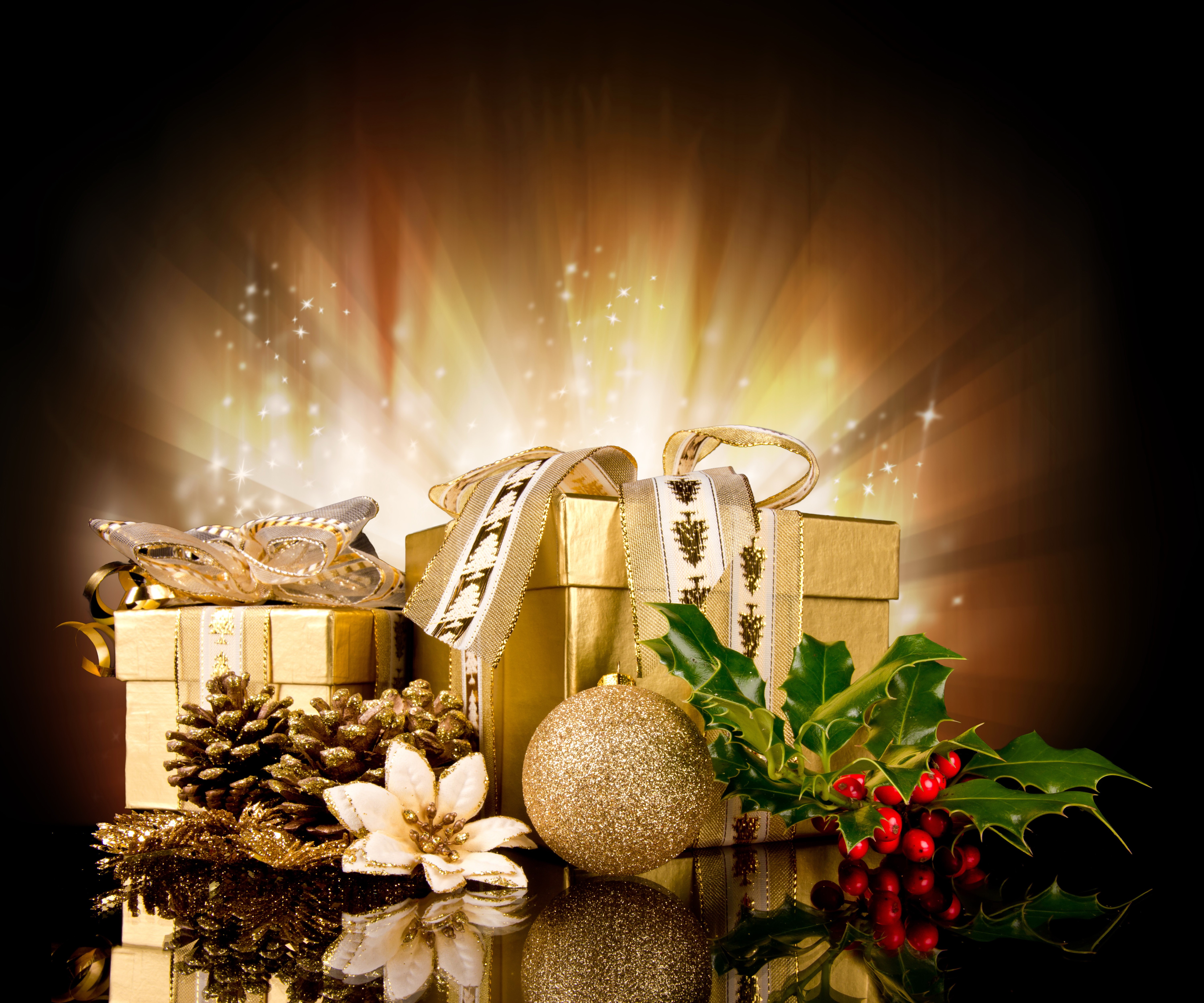 Christmas Gifts with Holly and Pine Cones HD Wallpaper