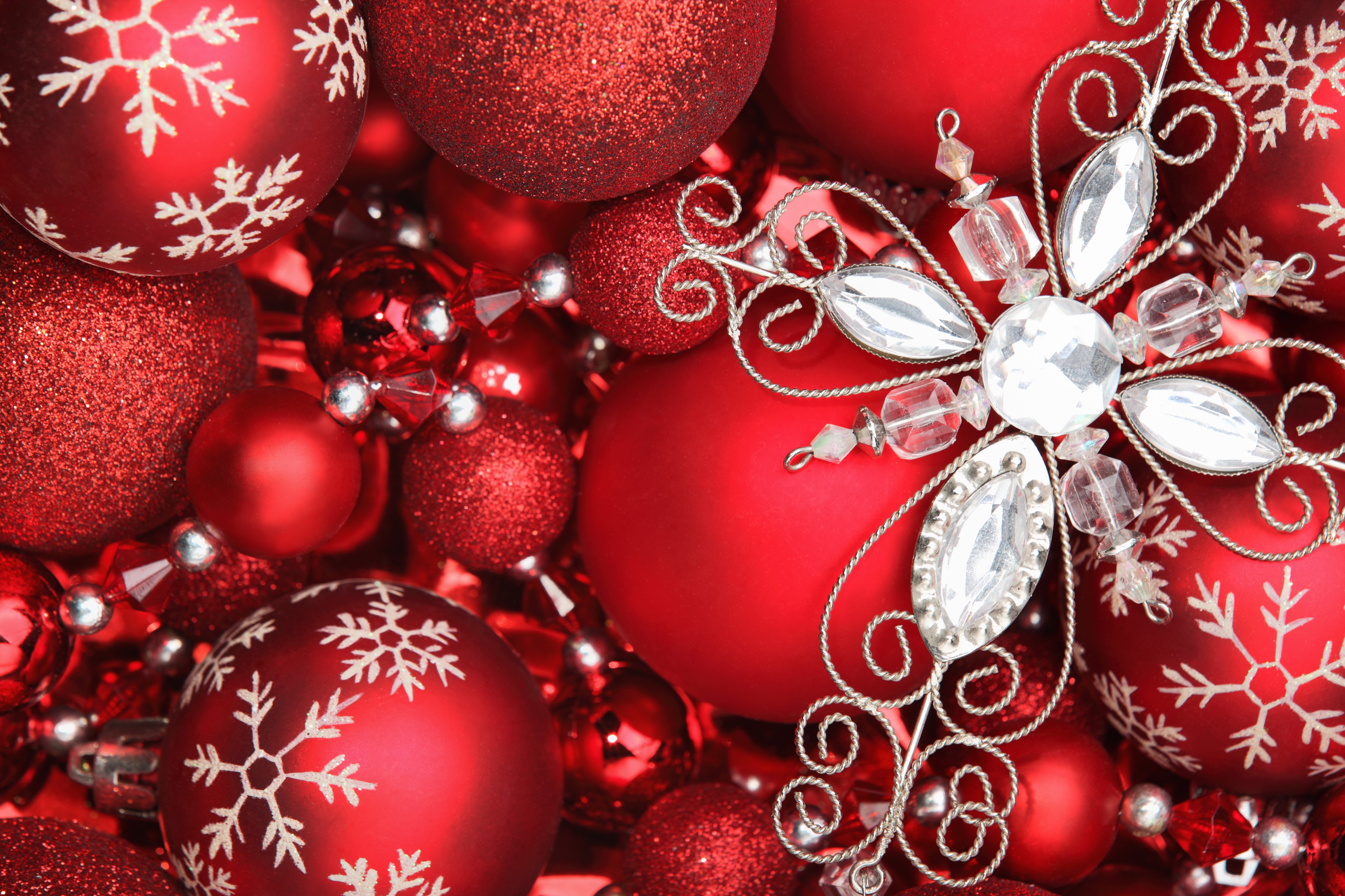 Red Christmas Ornaments with Snowflake and Jewel HD Wallpaper