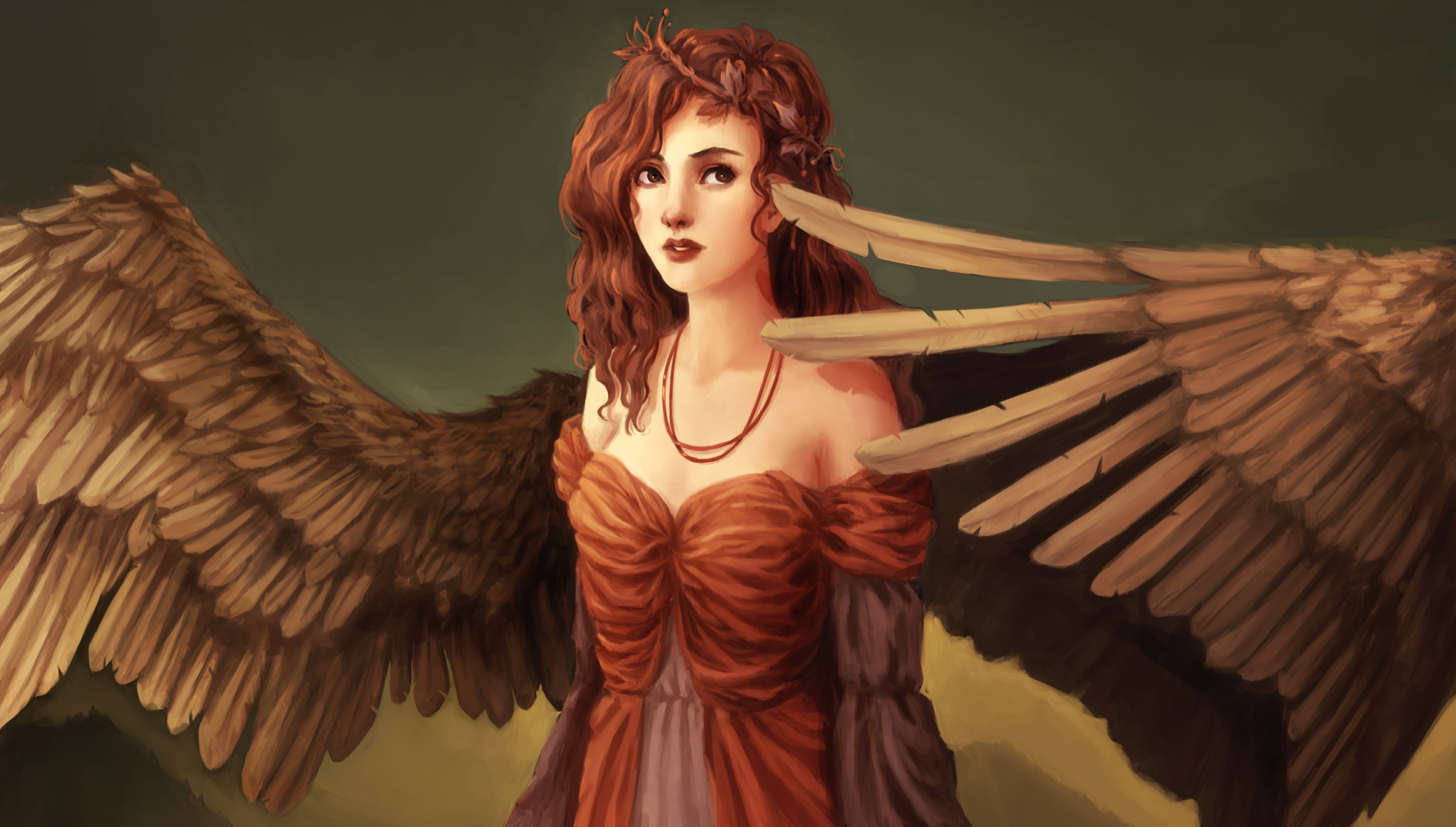 Redhead girl with large wings and a crown HD Wallpaper