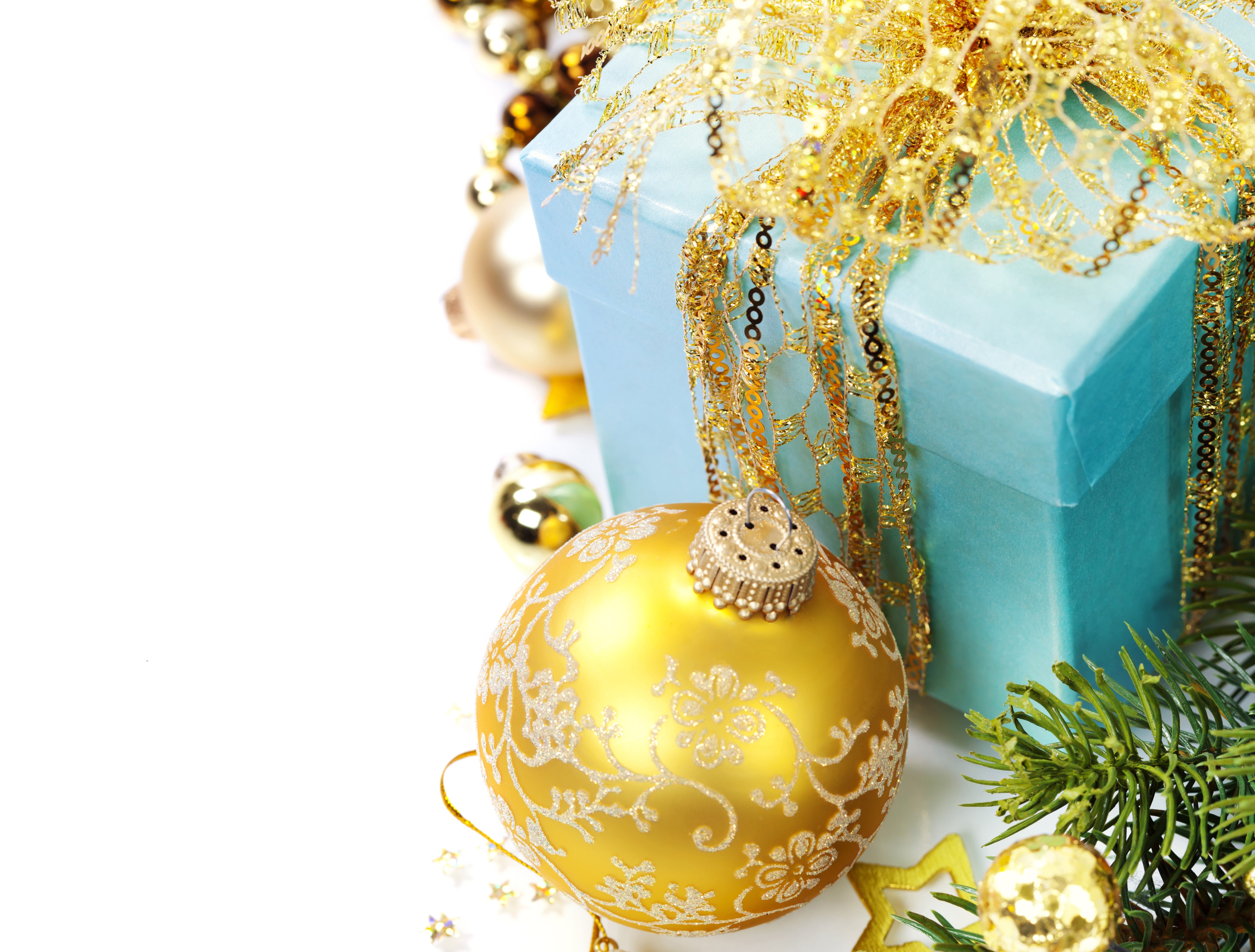 Christmas Gift Box with Ornaments and Pine Sprig HD Wallpaper