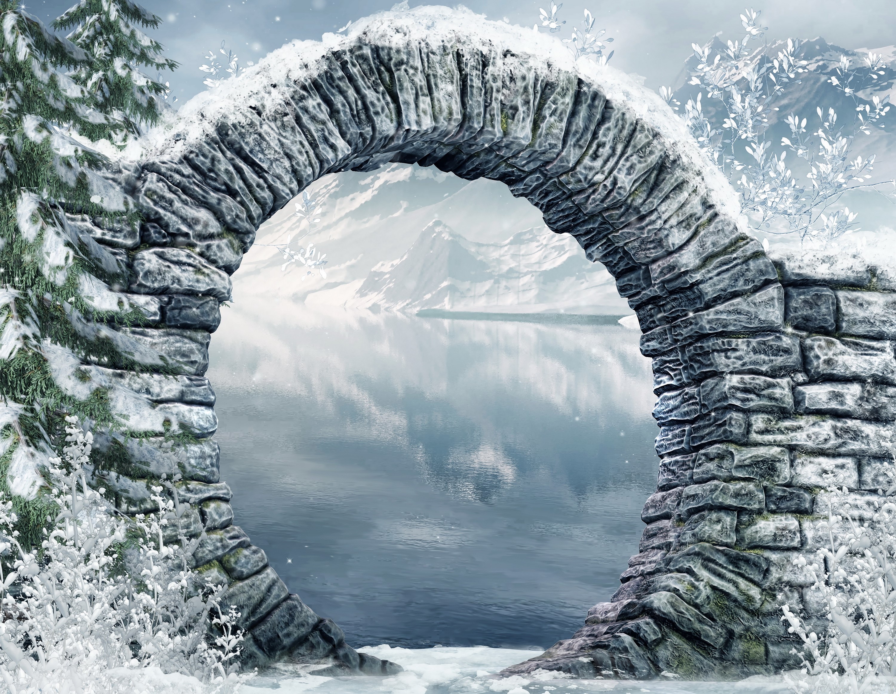 Stone Archway Overlooking a Snowy Lake and Mountains HD Wallpaper