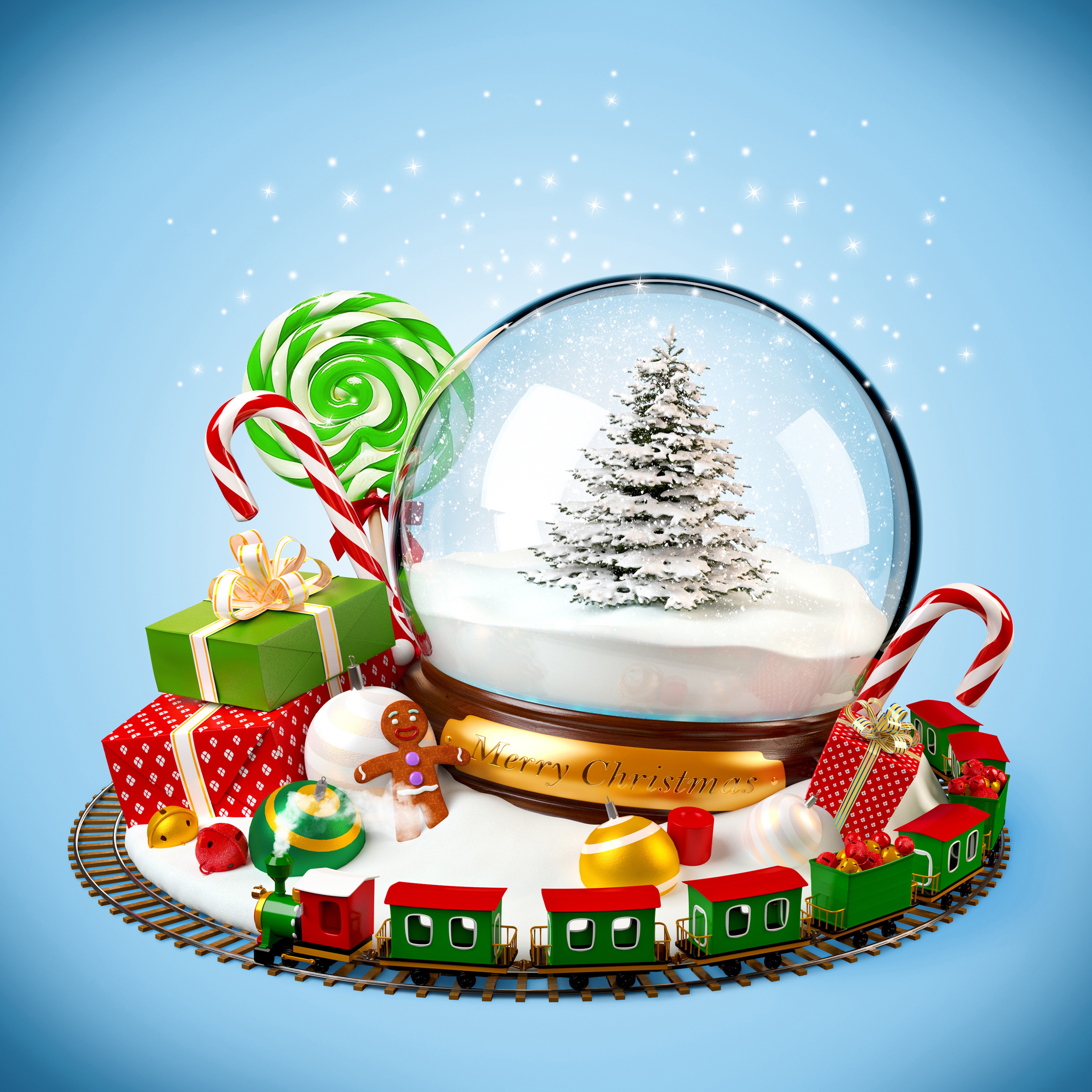 Christmas snow globe with train and gifts HD Wallpaper