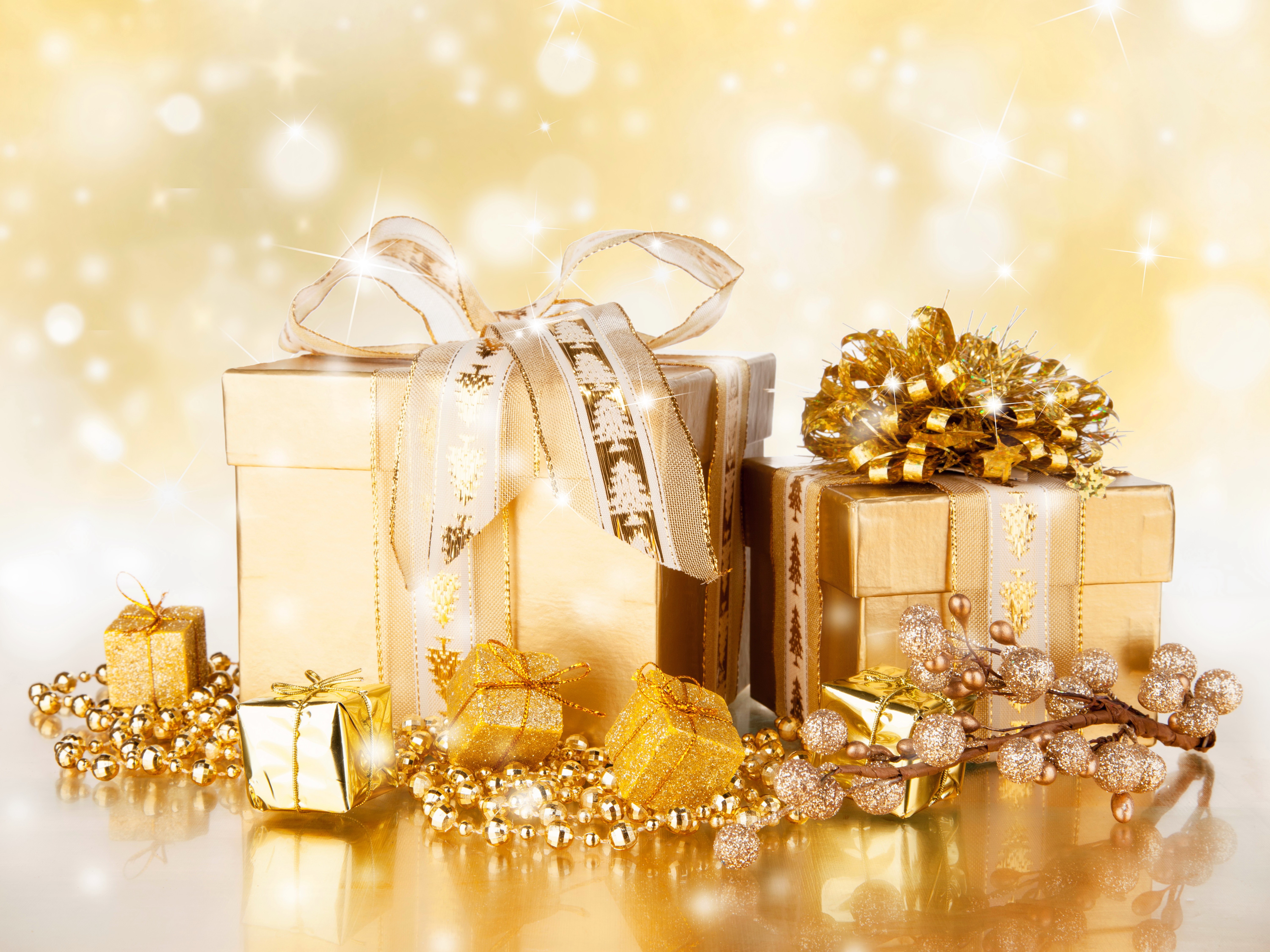 Gold Christmas Gifts with Ornaments and Beads HD Wallpaper